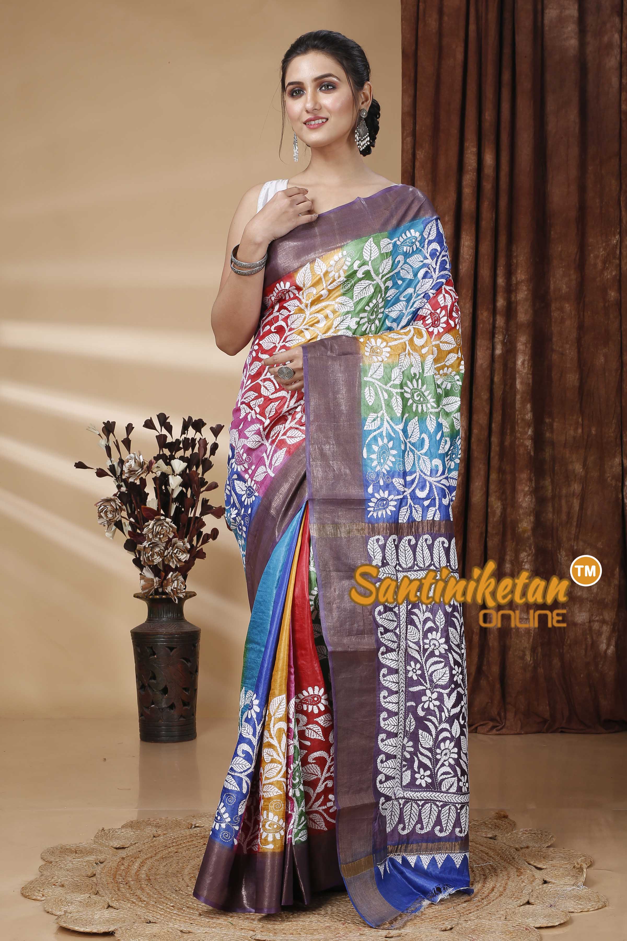 Zari Border Pure Tussar Silk Kantha Stitch Saree SN202415590