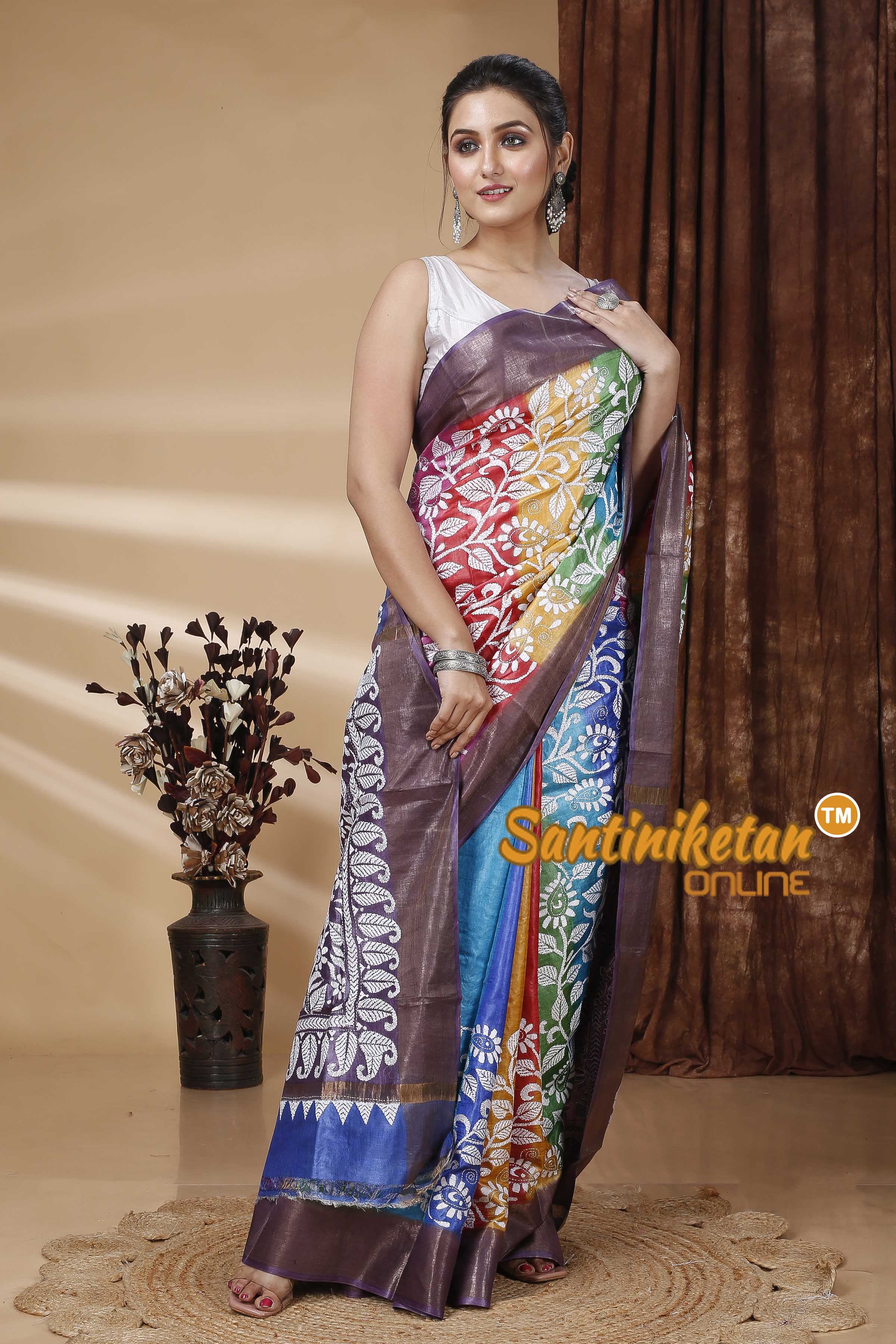 Zari Border Pure Tussar Silk Kantha Stitch Saree SN202415590