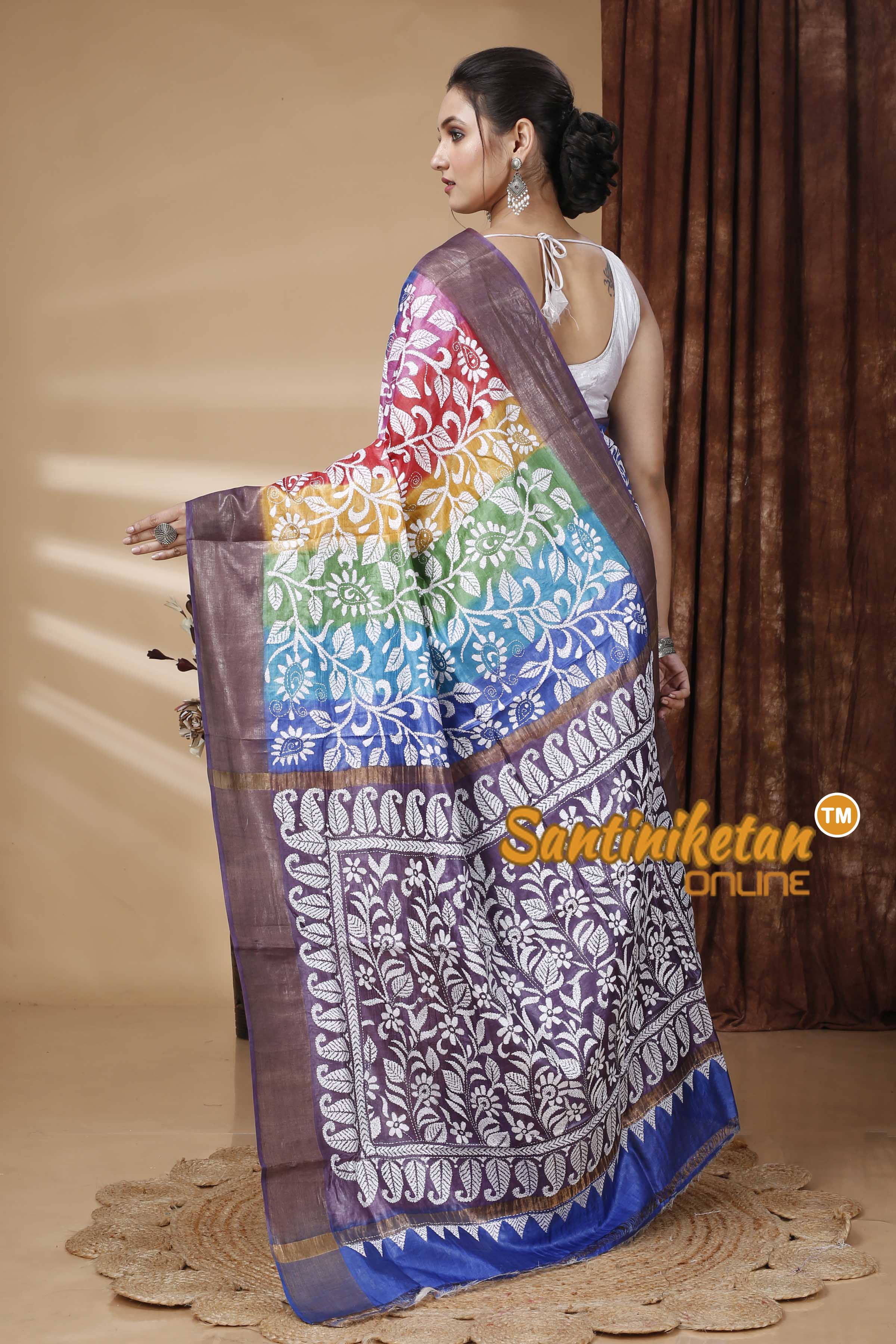 Zari Border Pure Tussar Silk Kantha Stitch Saree SN202415590