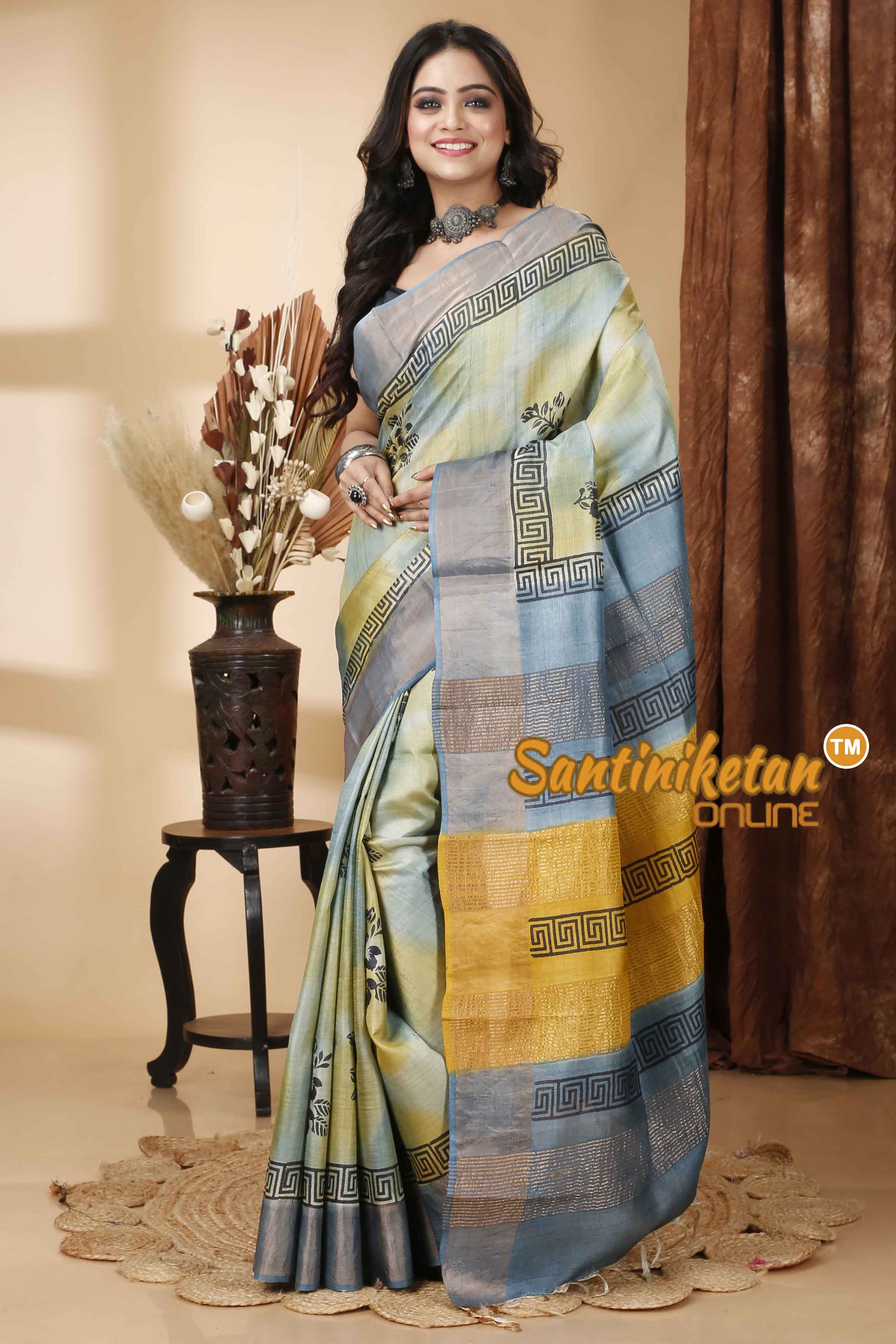 Pure Zari Tussar Hand Block Painted Saree SNN202415746