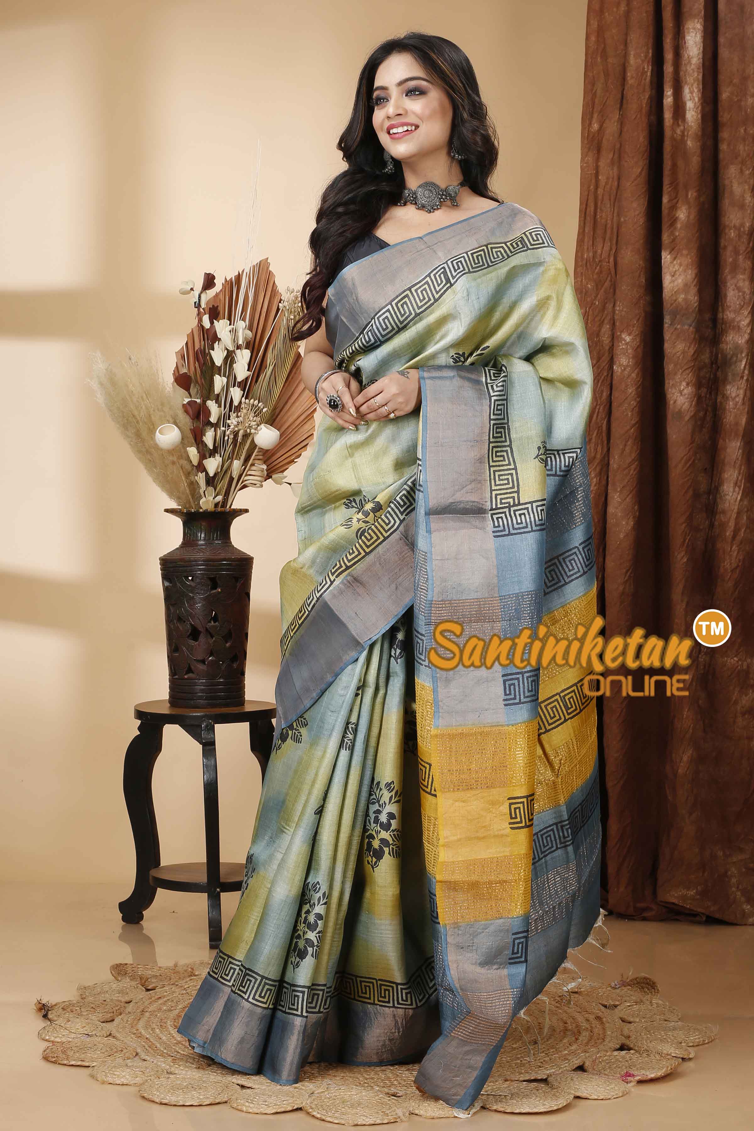 Pure Zari Tussar Hand Block Painted Saree SNN202415746