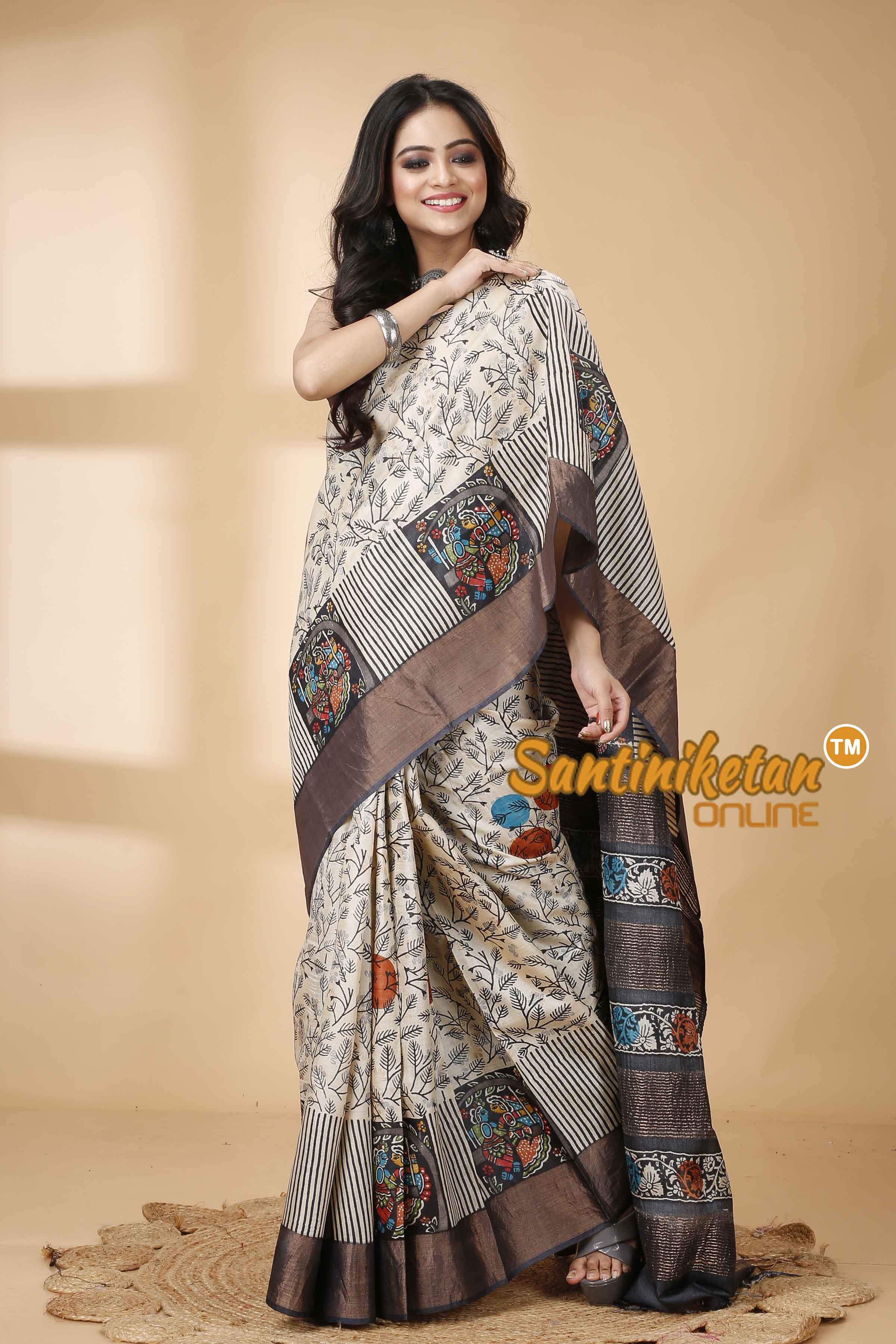 Pure Zari Tussar Hand Block Painted Saree SNN202415771