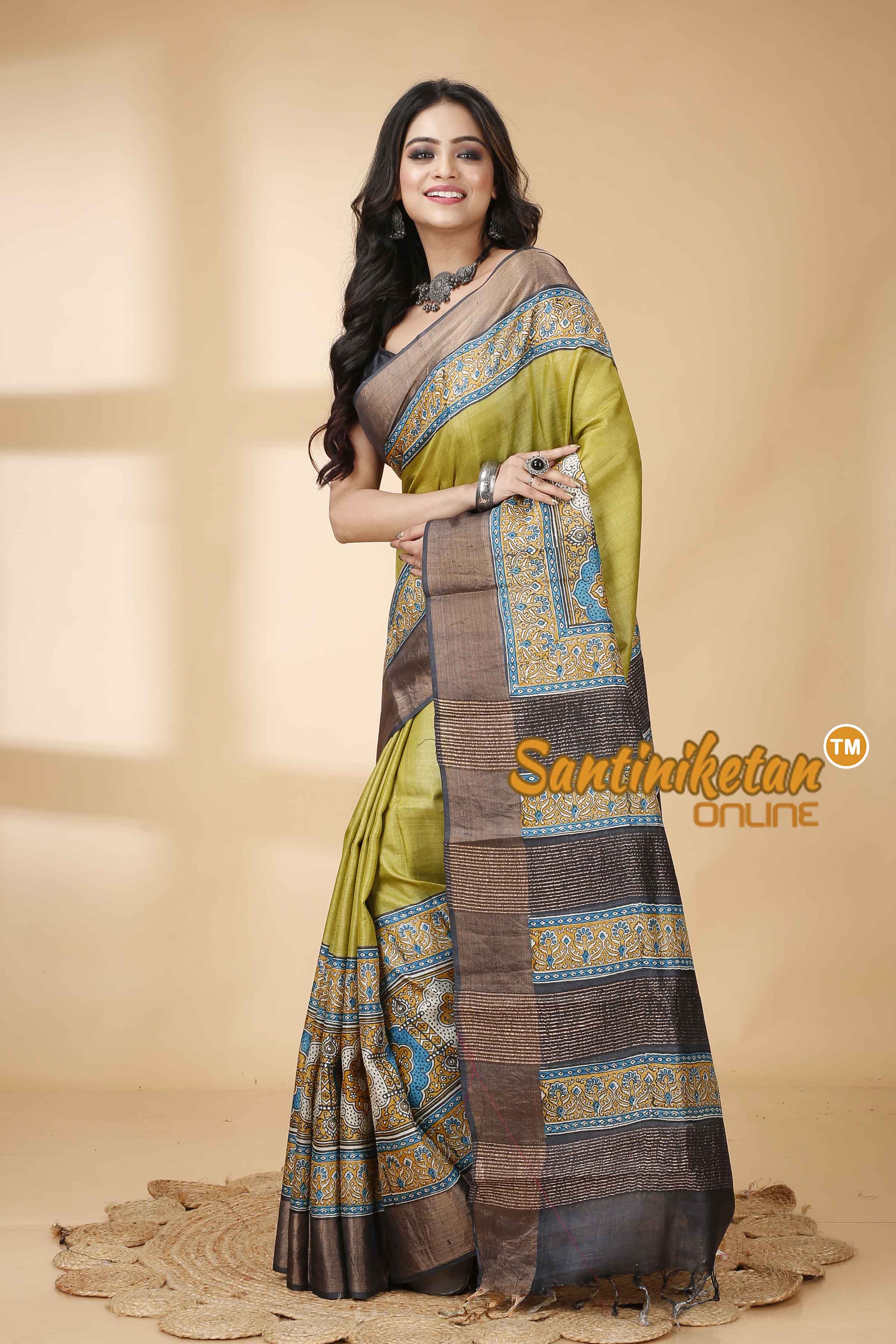 Pure Zari Tussar Hand Block Painted Saree SNN202415781