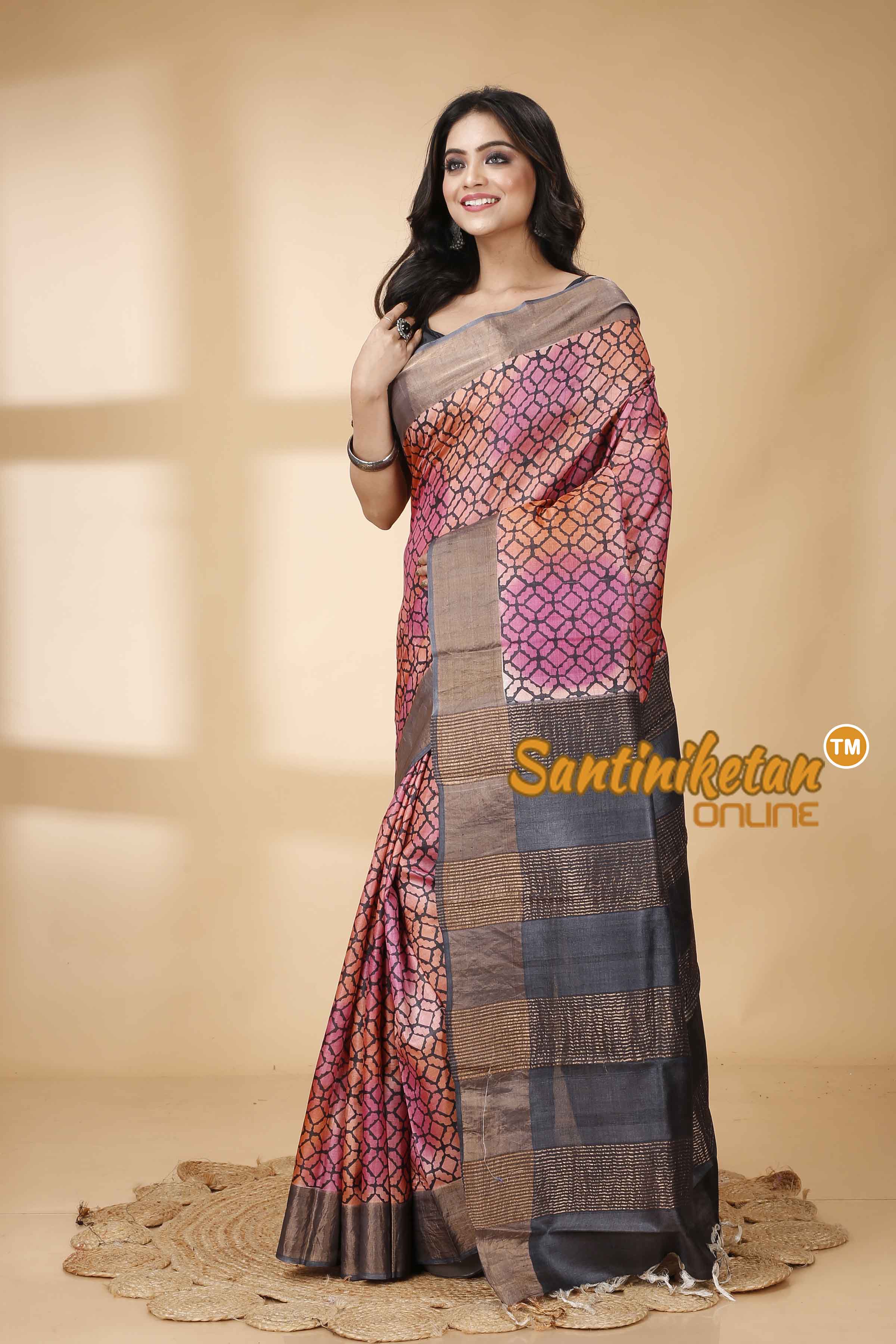 Pure Zari Tussar Hand Block Painted Saree SNN202415857