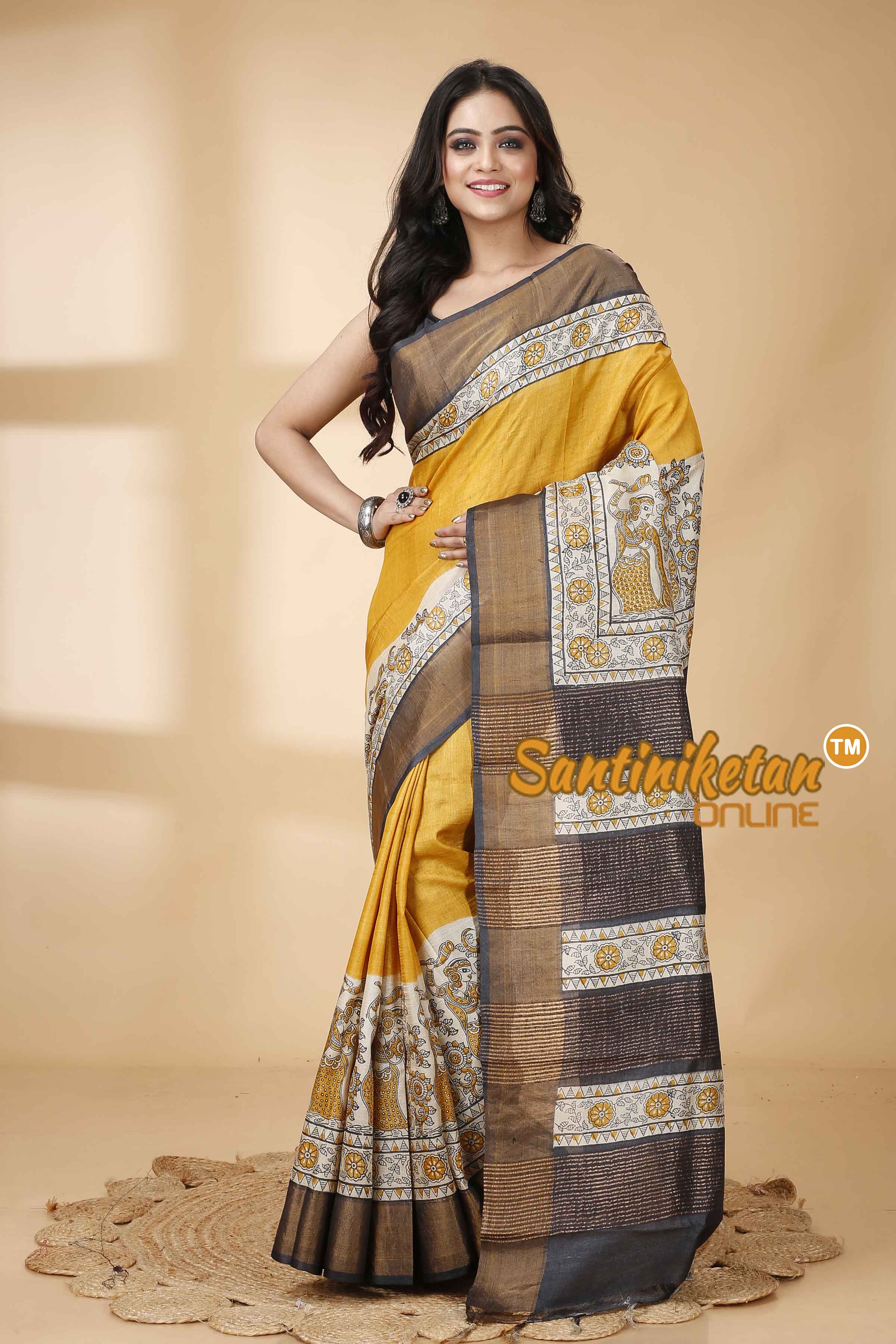 Pure Zari Tussar Hand Block Painted Saree SNN202415862