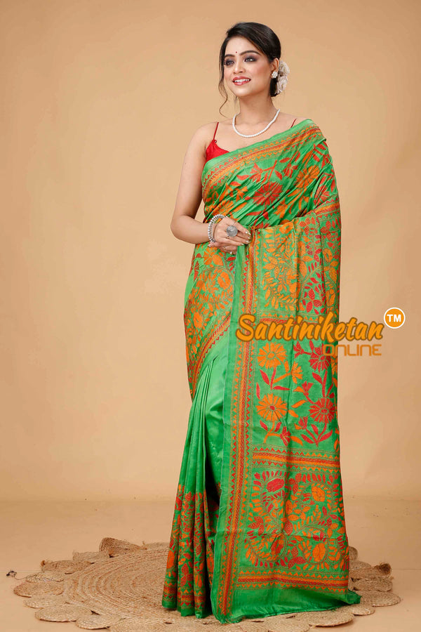 Bishnupuri (Katan) Silk Kantha Stitch Saree SN202415982
