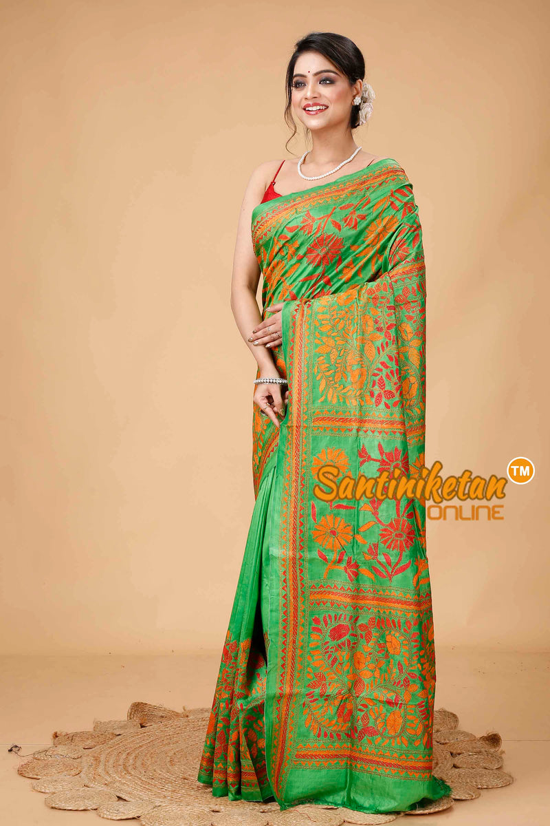 Bishnupuri (Katan) Silk Kantha Stitch Saree SN202415982