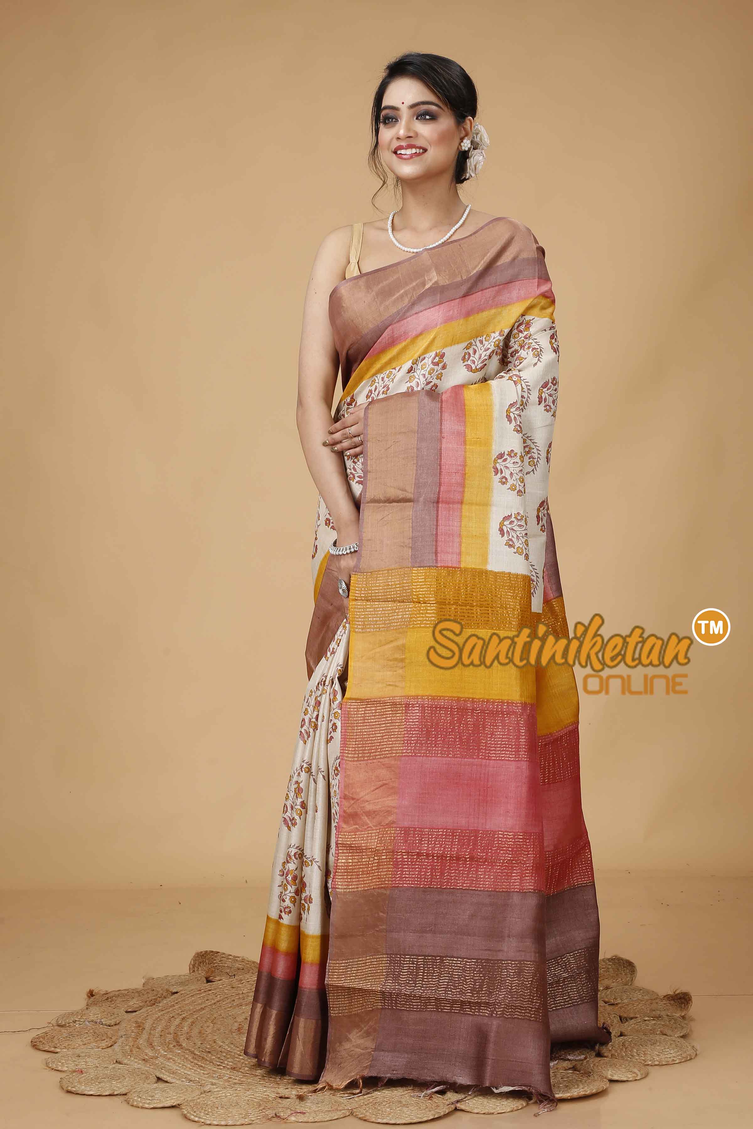 Pure Zari Tussar Hand Block Painted Saree SNN202416012