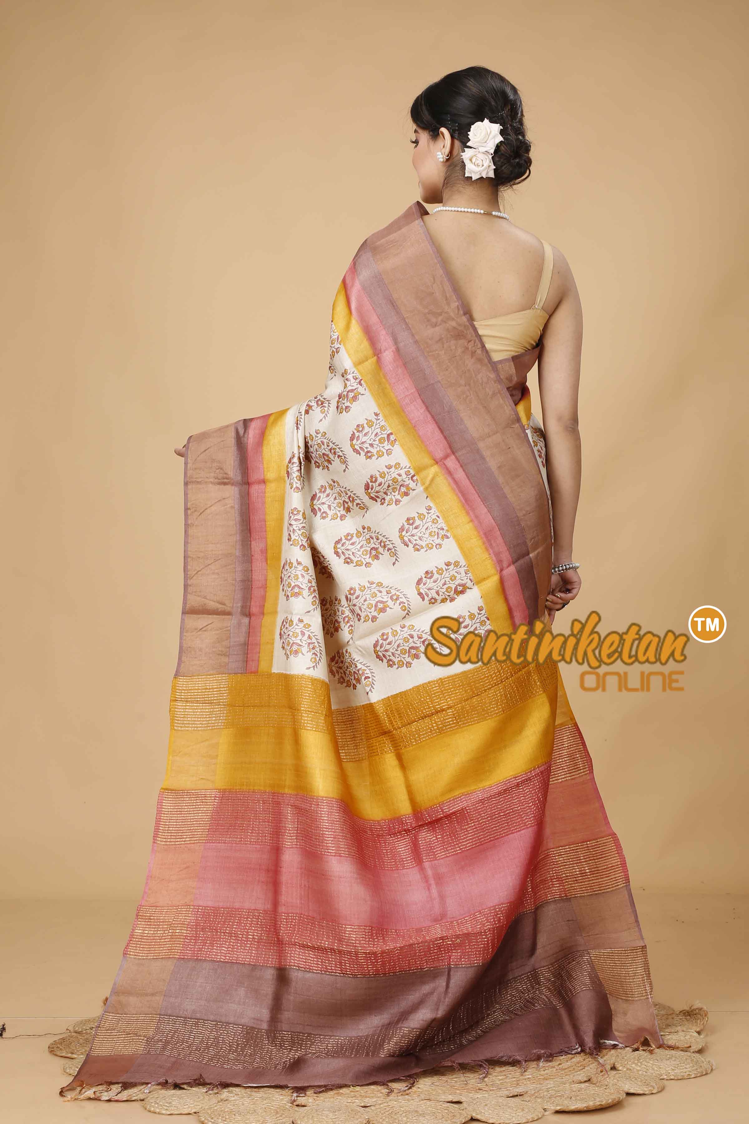 Pure Zari Tussar Hand Block Painted Saree SNN202416012