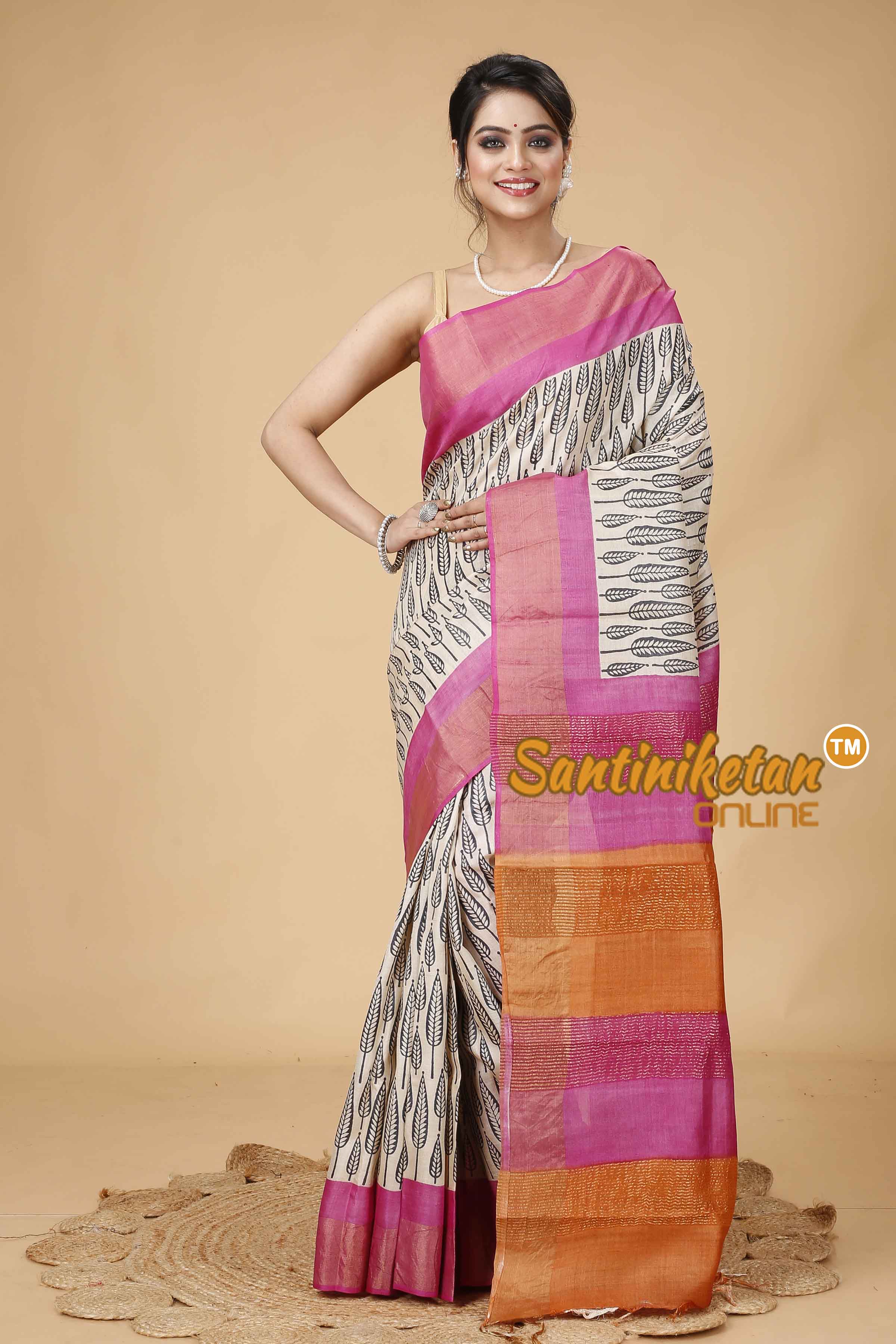 Pure Zari Tussar Hand Block Painted Saree SNN202416017