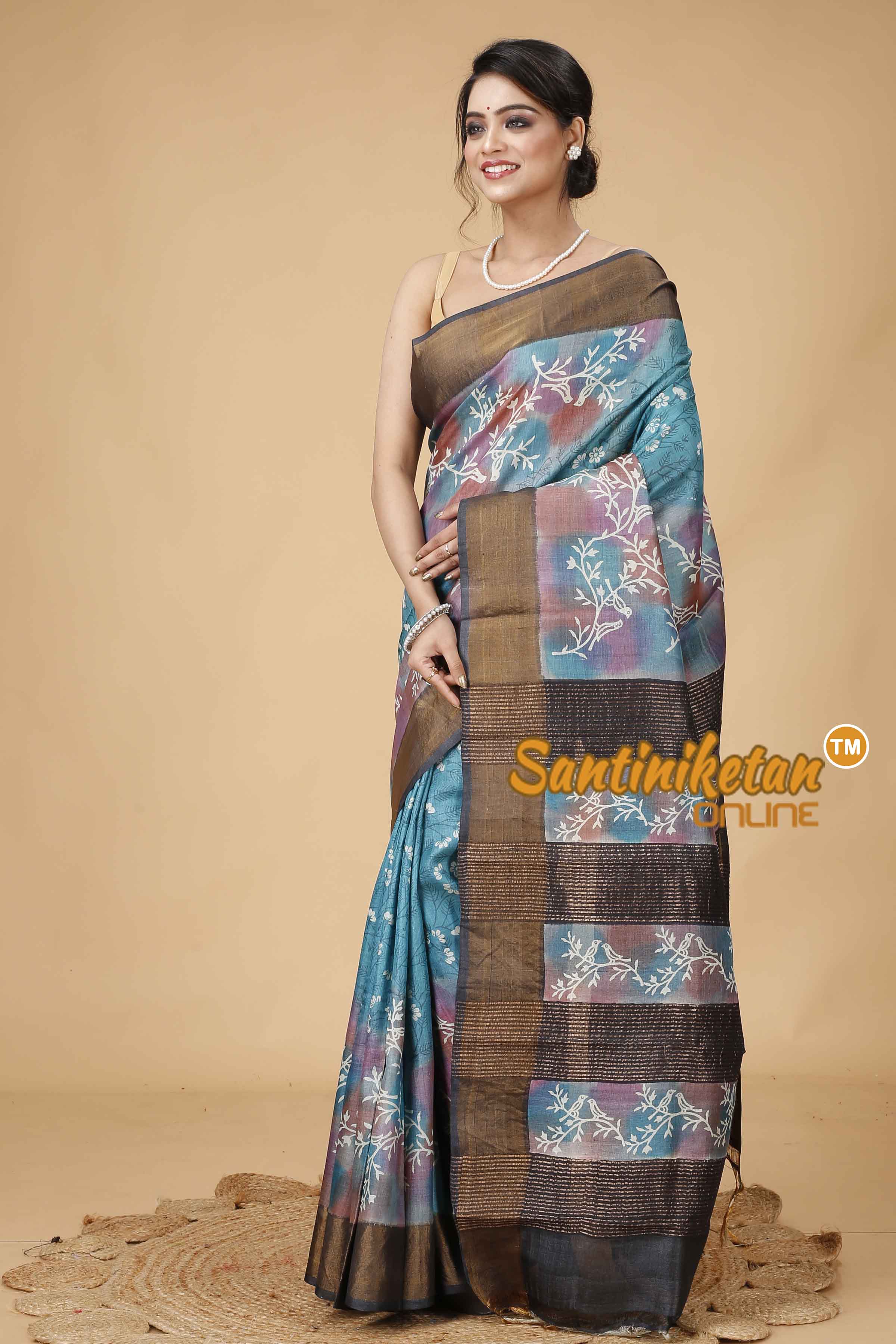 Pure Zari Tussar Hand Block Painted Saree SNN202416032