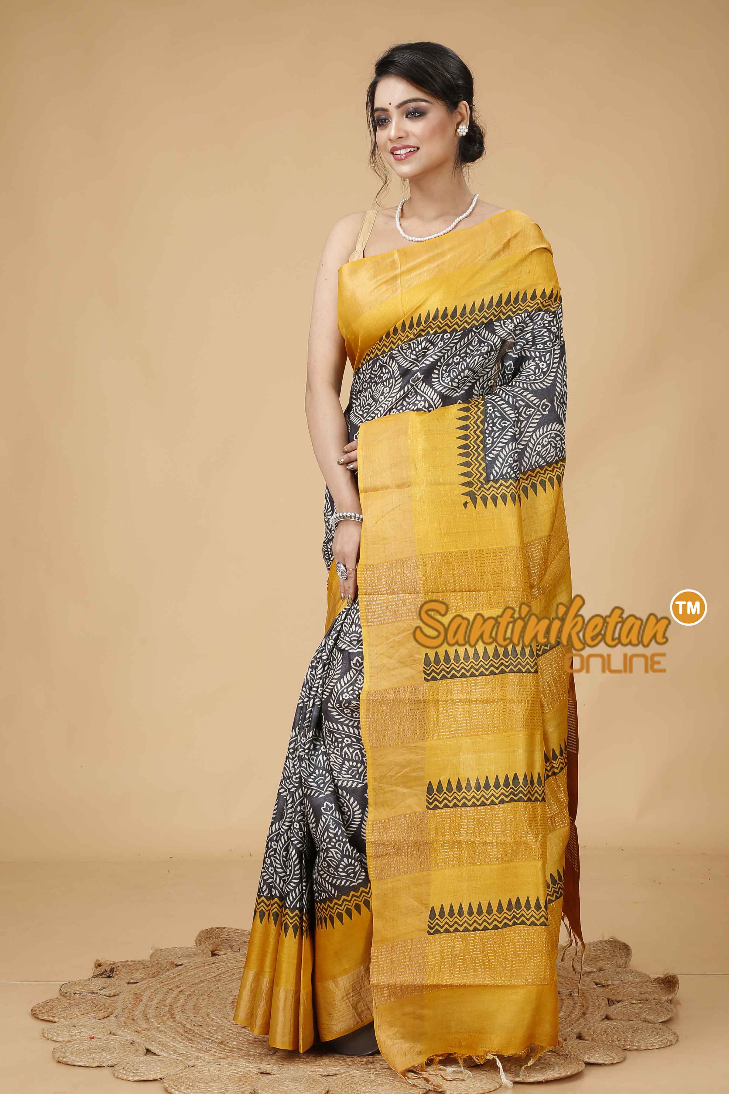 Pure Zari Tussar Hand Block Painted Saree SNN202416047