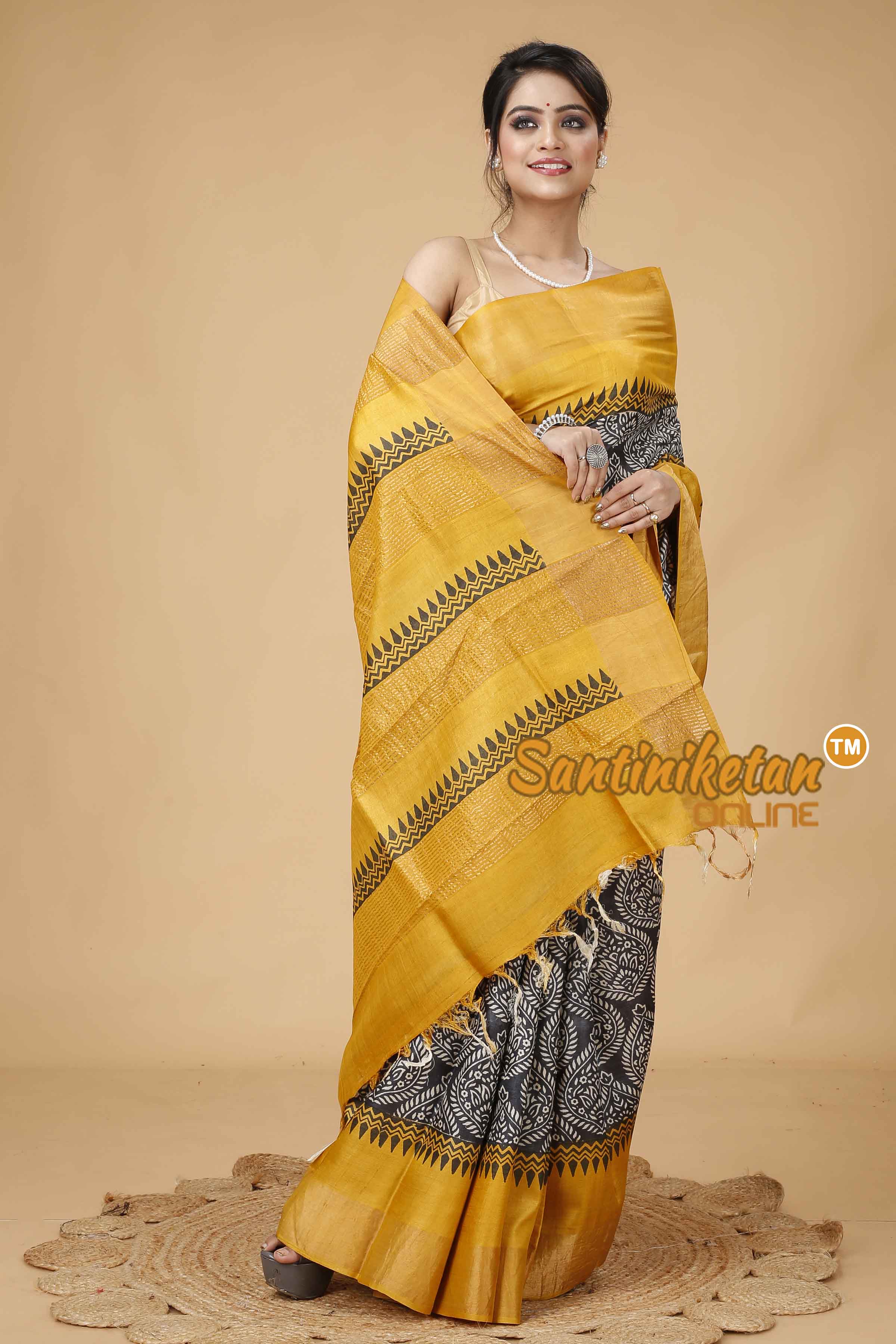 Pure Zari Tussar Hand Block Painted Saree SNN202416047