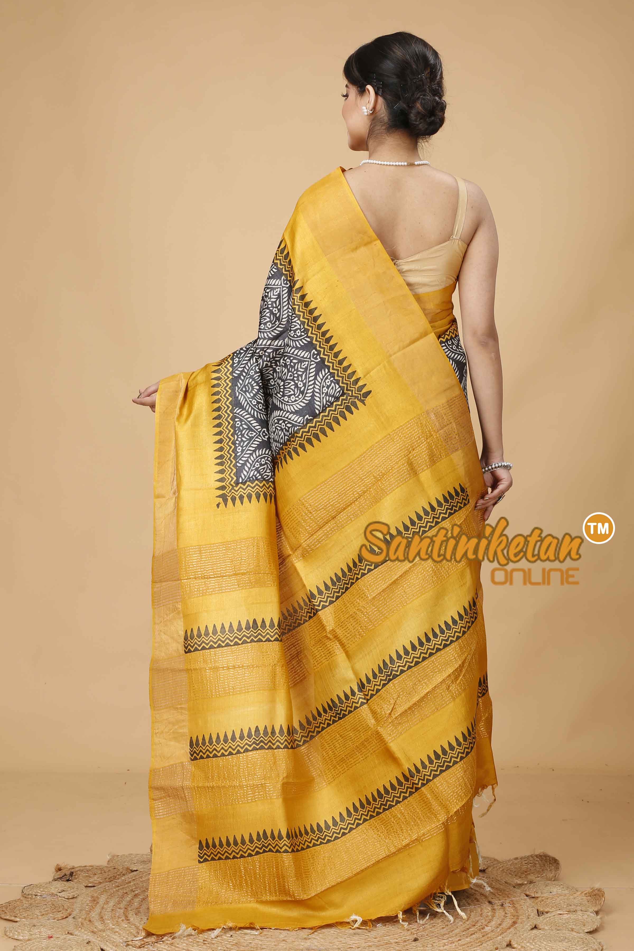 Pure Zari Tussar Hand Block Painted Saree SNN202416047