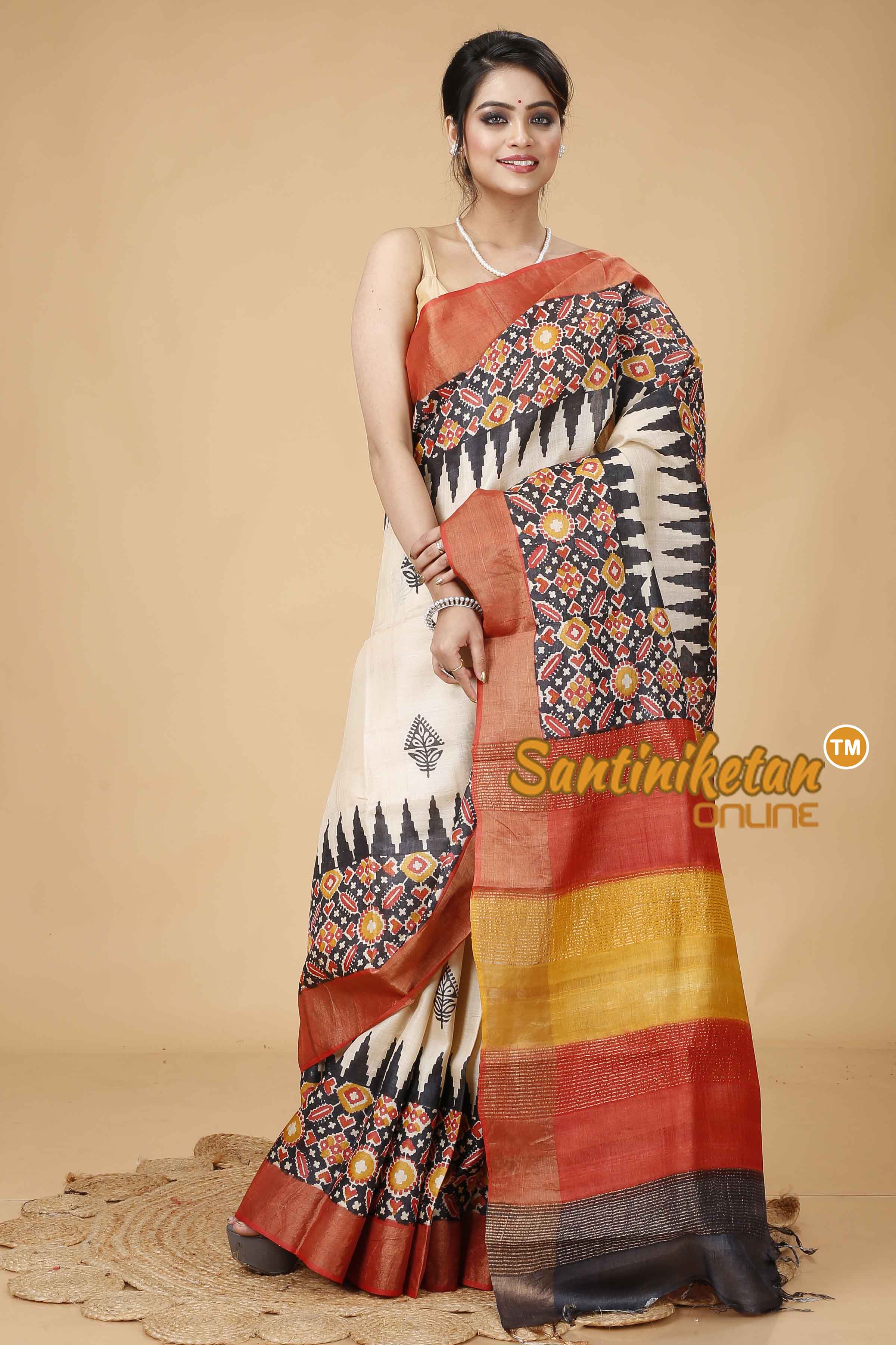 Pure Zari Tussar Hand Block Painted Saree SNN202416057