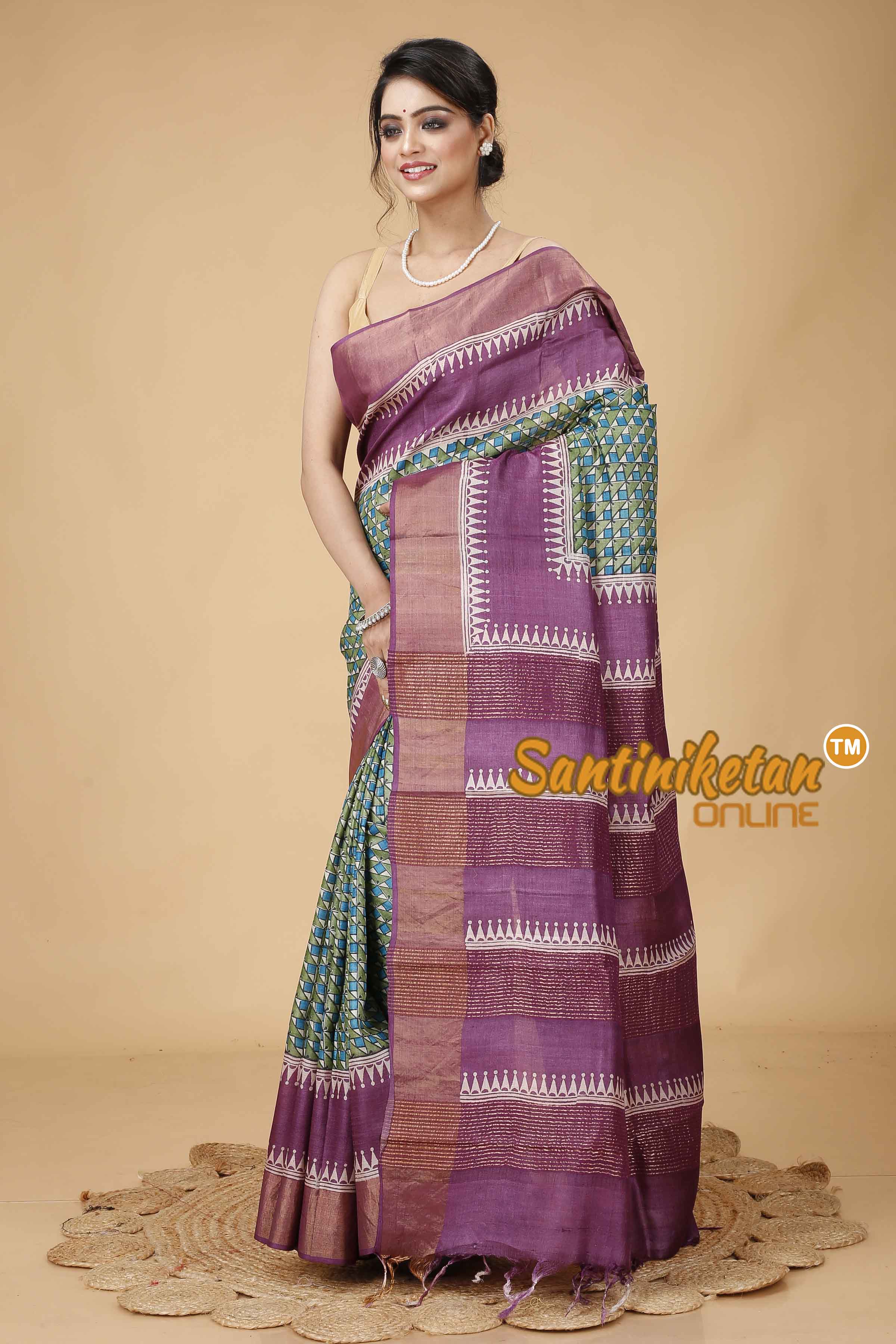 Pure Zari Tussar Hand Block Painted Saree SNN202416077