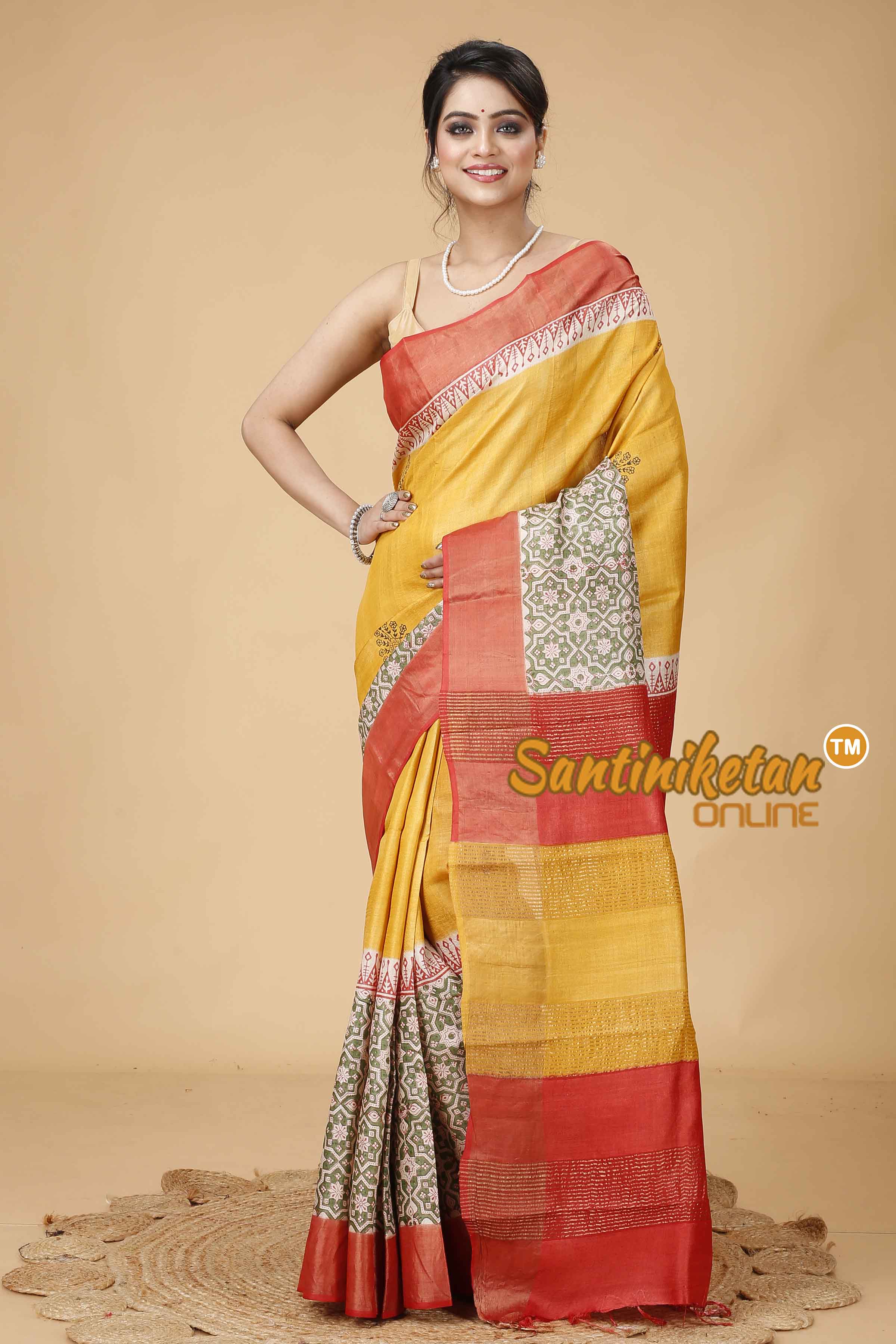 Pure Zari Tussar Hand Block Painted Saree SN202416082