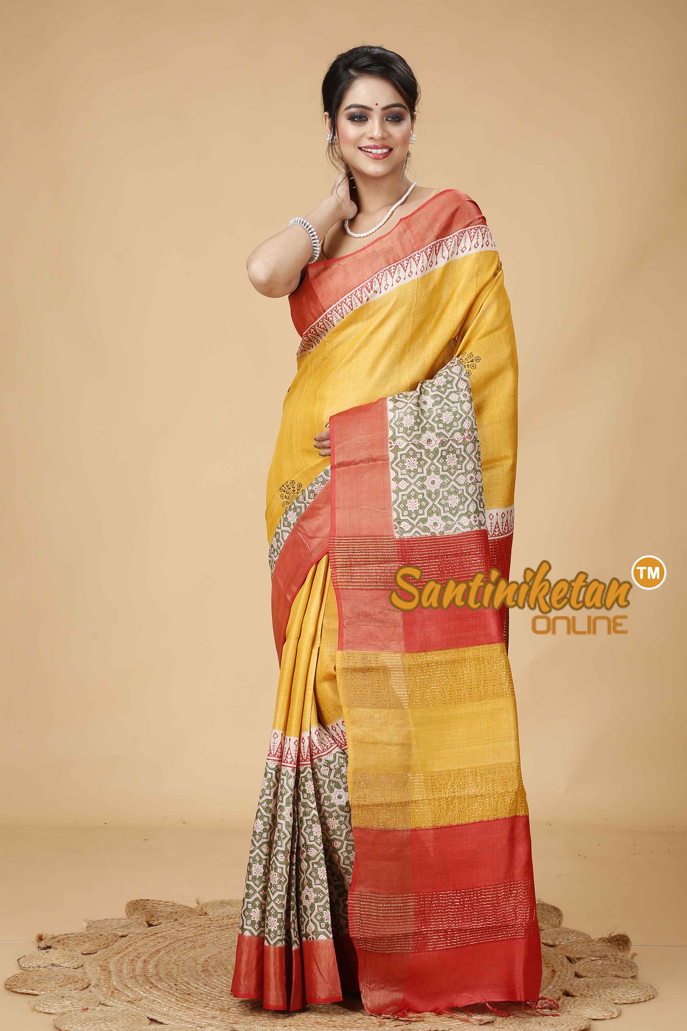 Pure Zari Tussar Hand Block Painted Saree SN202416082