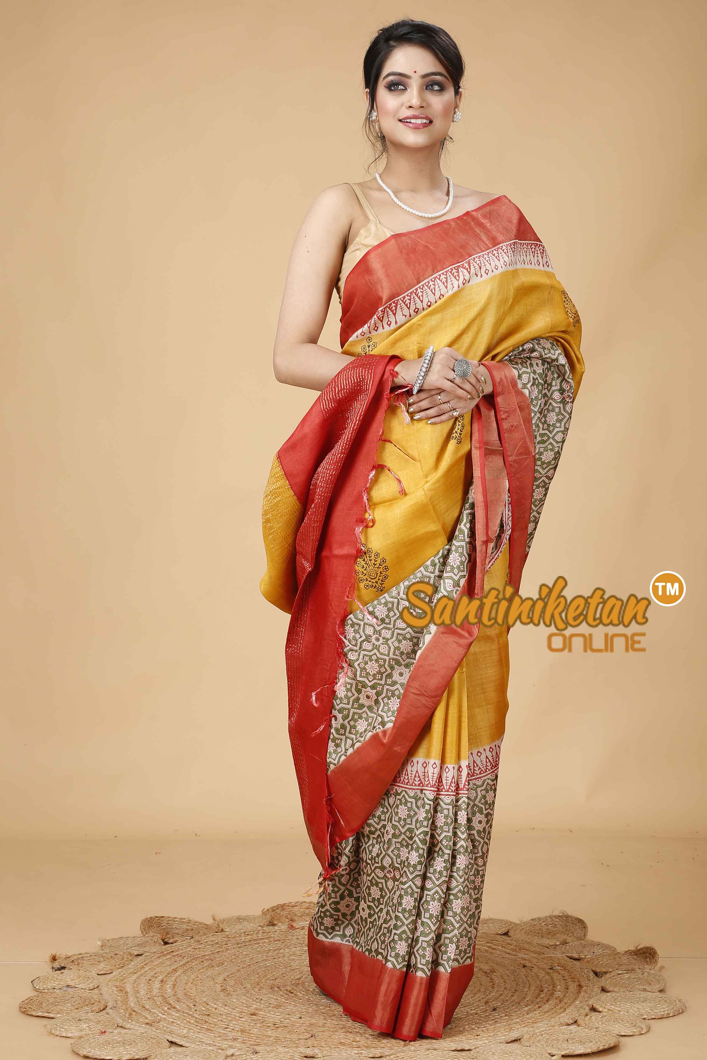Pure Zari Tussar Hand Block Painted Saree SN202416082