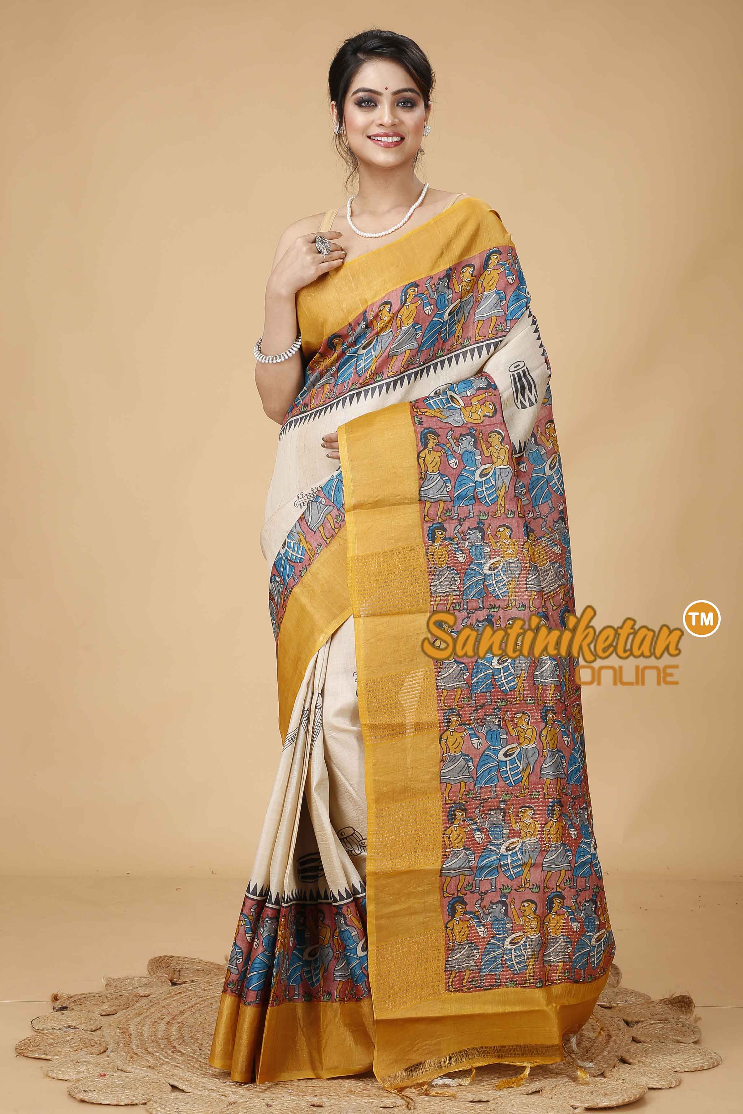 Pure Zari Tussar Hand Block Painted Saree SNN202416093