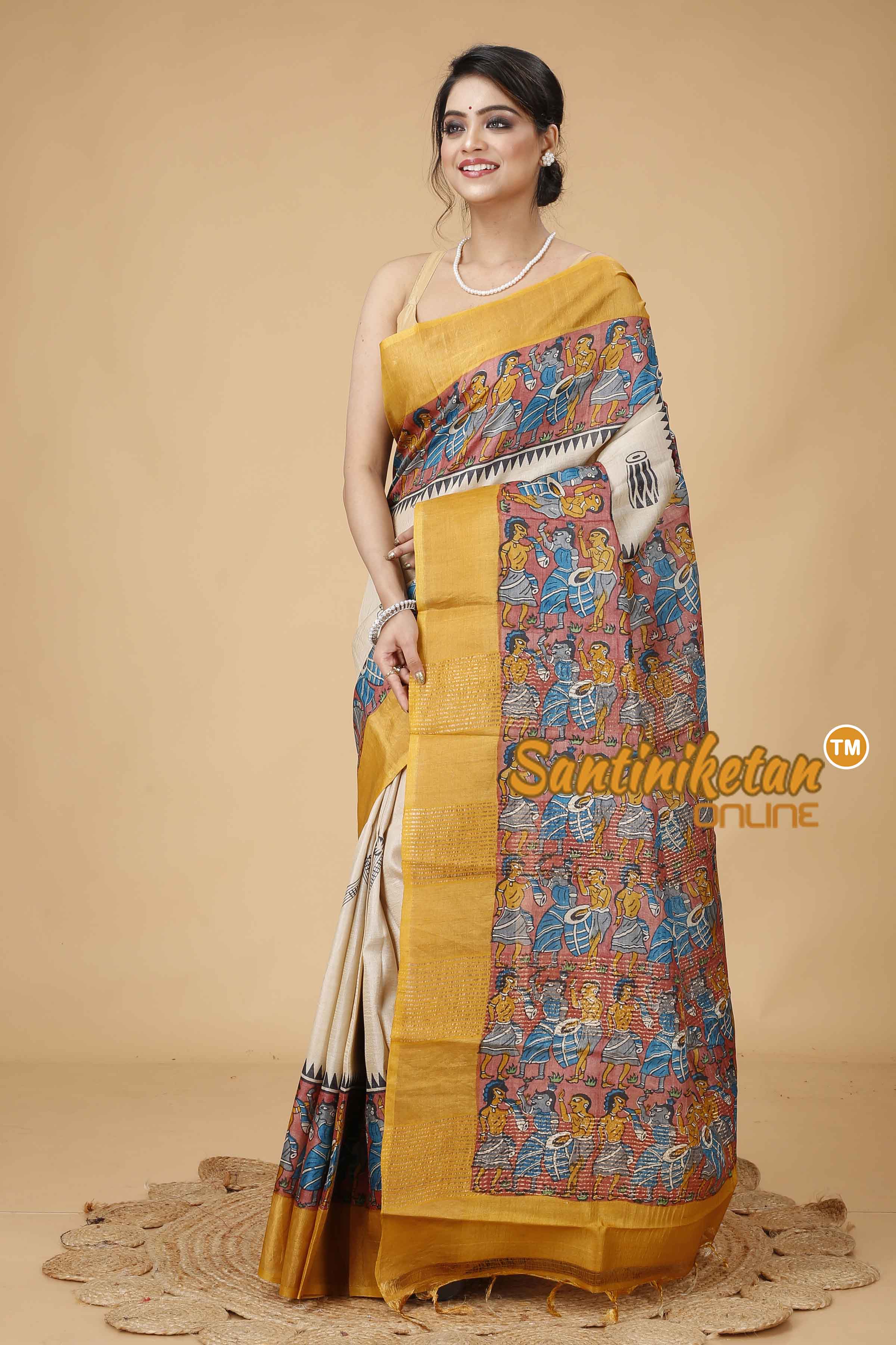 Pure Zari Tussar Hand Block Painted Saree SNN202416093