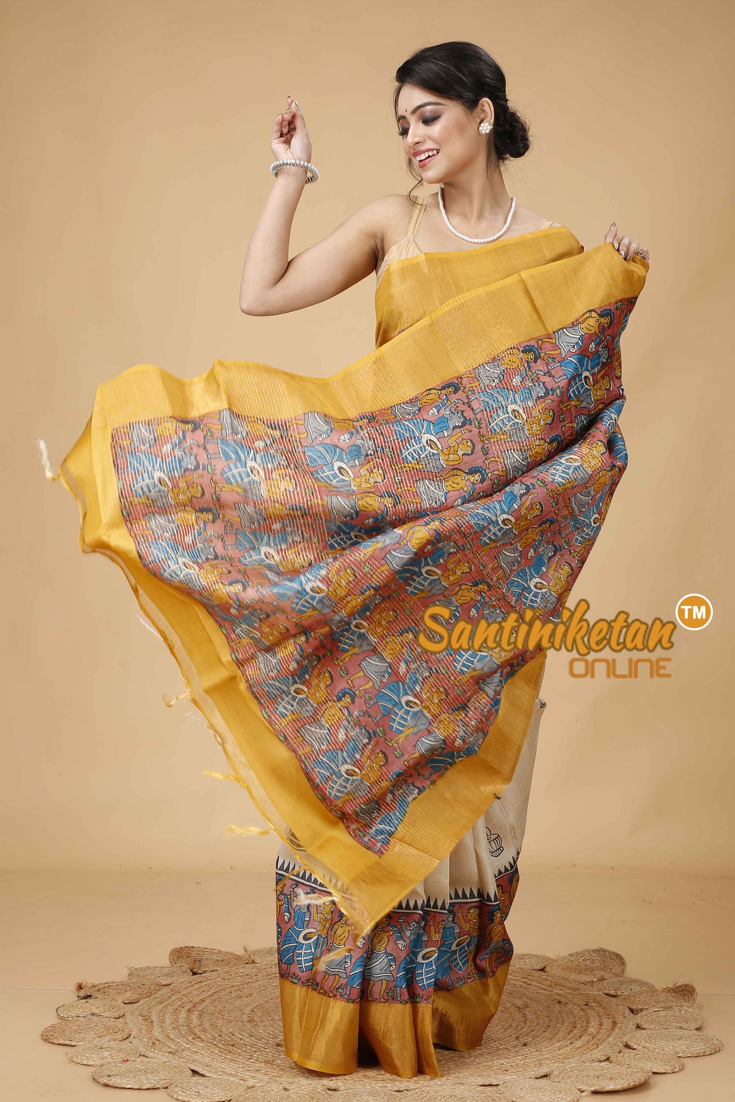 Pure Zari Tussar Hand Block Painted Saree SNN202416093