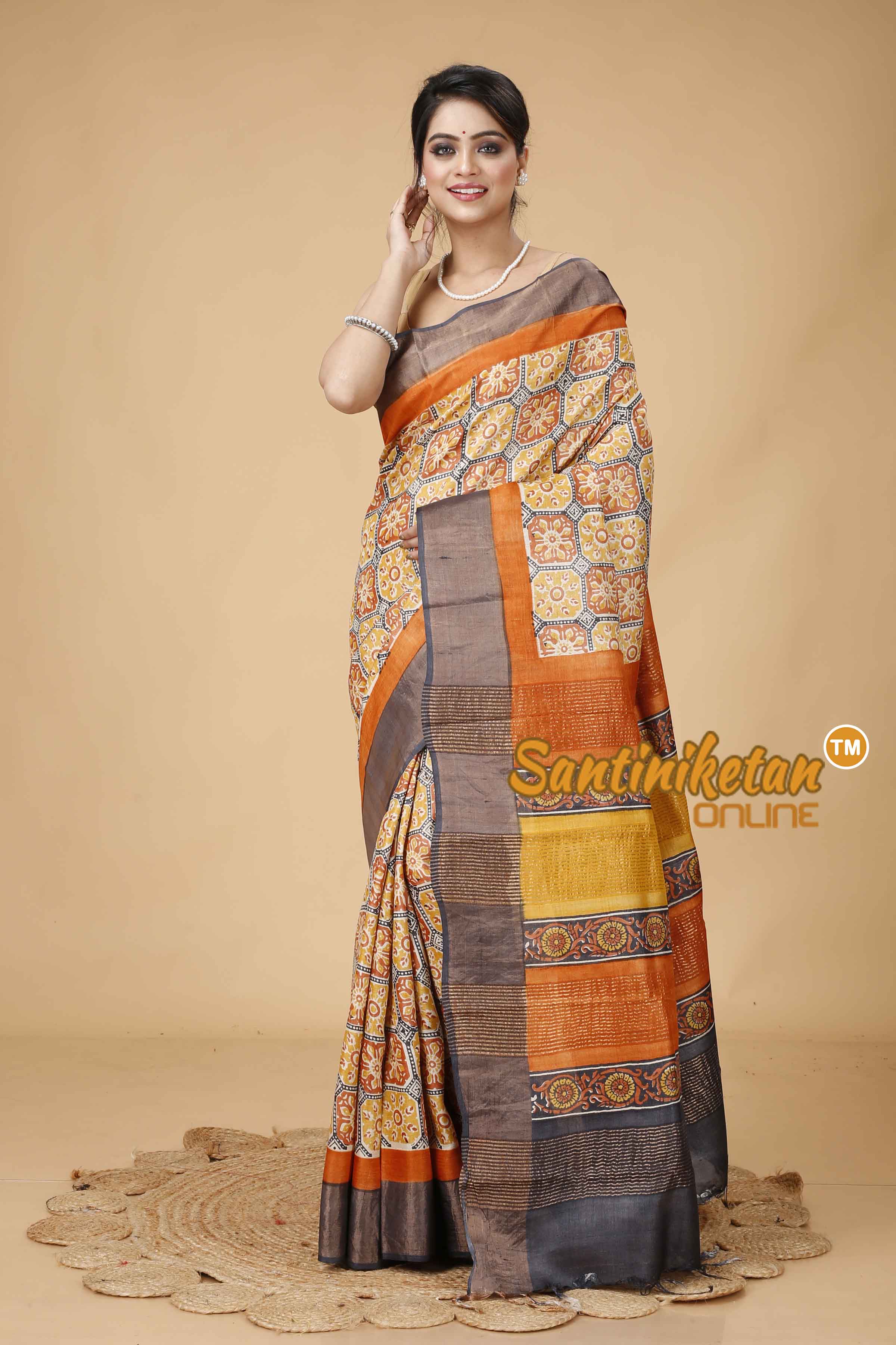 Pure Zari Tussar Hand Block Painted Saree SNN202416098
