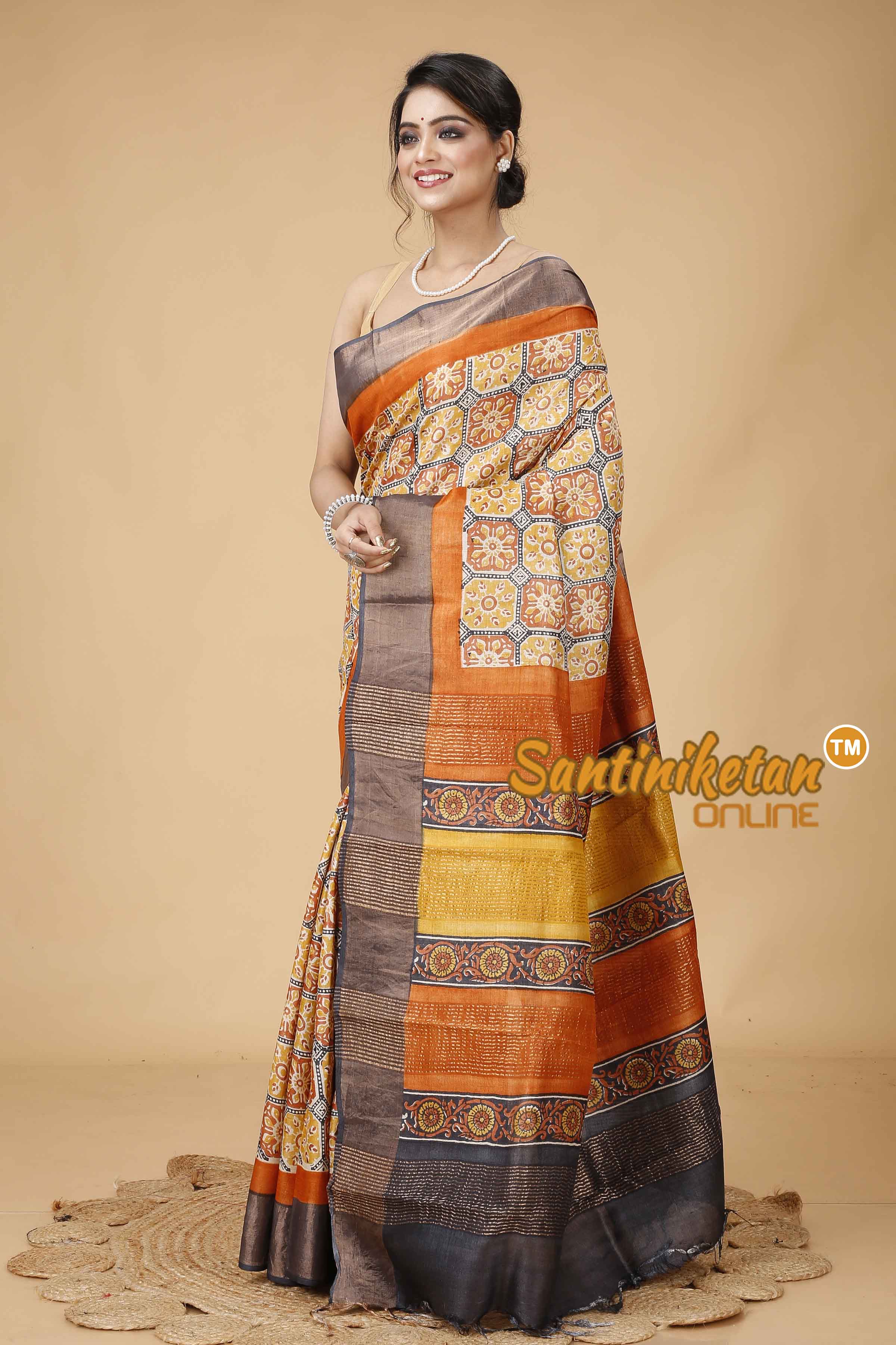 Pure Zari Tussar Hand Block Painted Saree SNN202416098