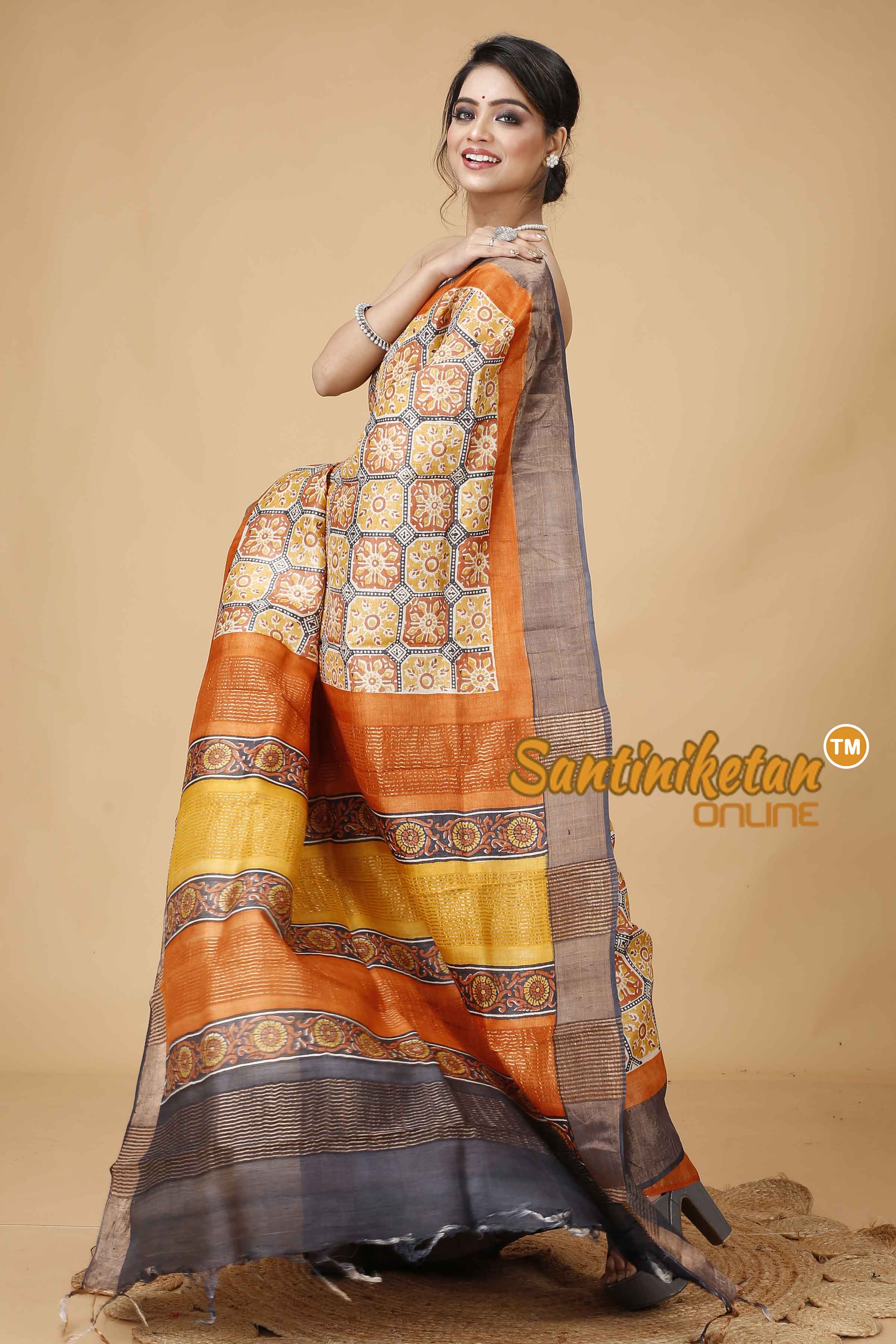 Pure Zari Tussar Hand Block Painted Saree SNN202416098
