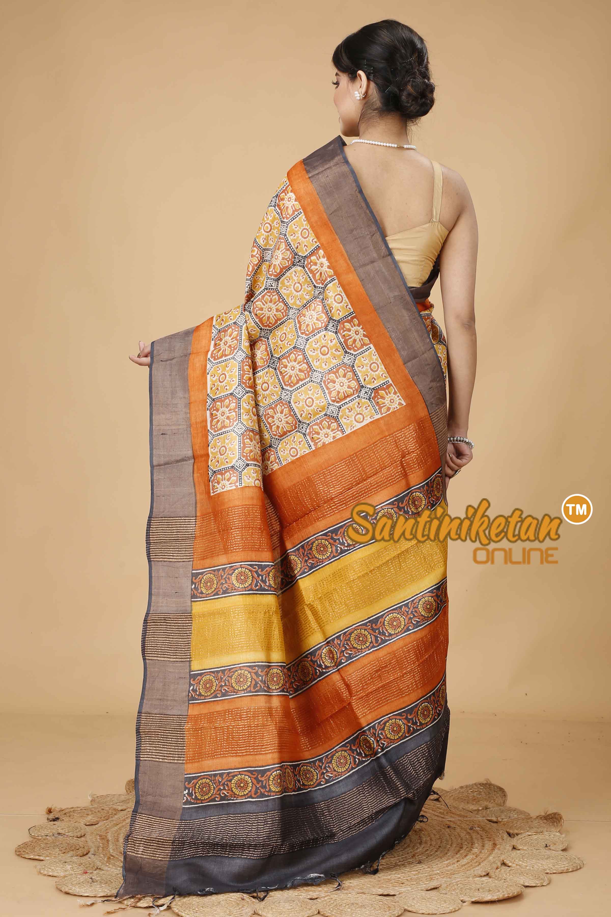 Pure Zari Tussar Hand Block Painted Saree SNN202416098