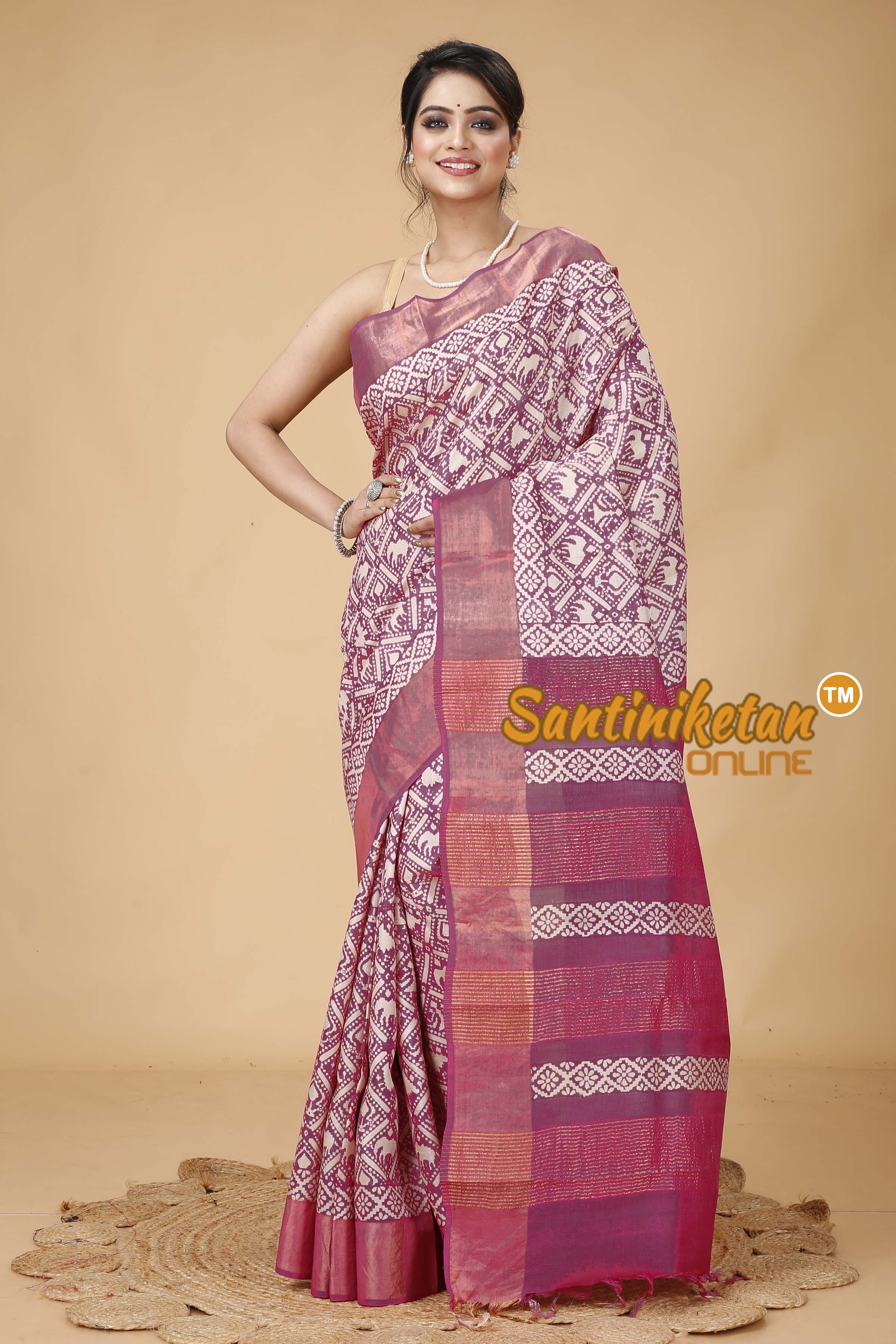 Pure Zari Tussar Hand Block Painted Saree SNN202416108