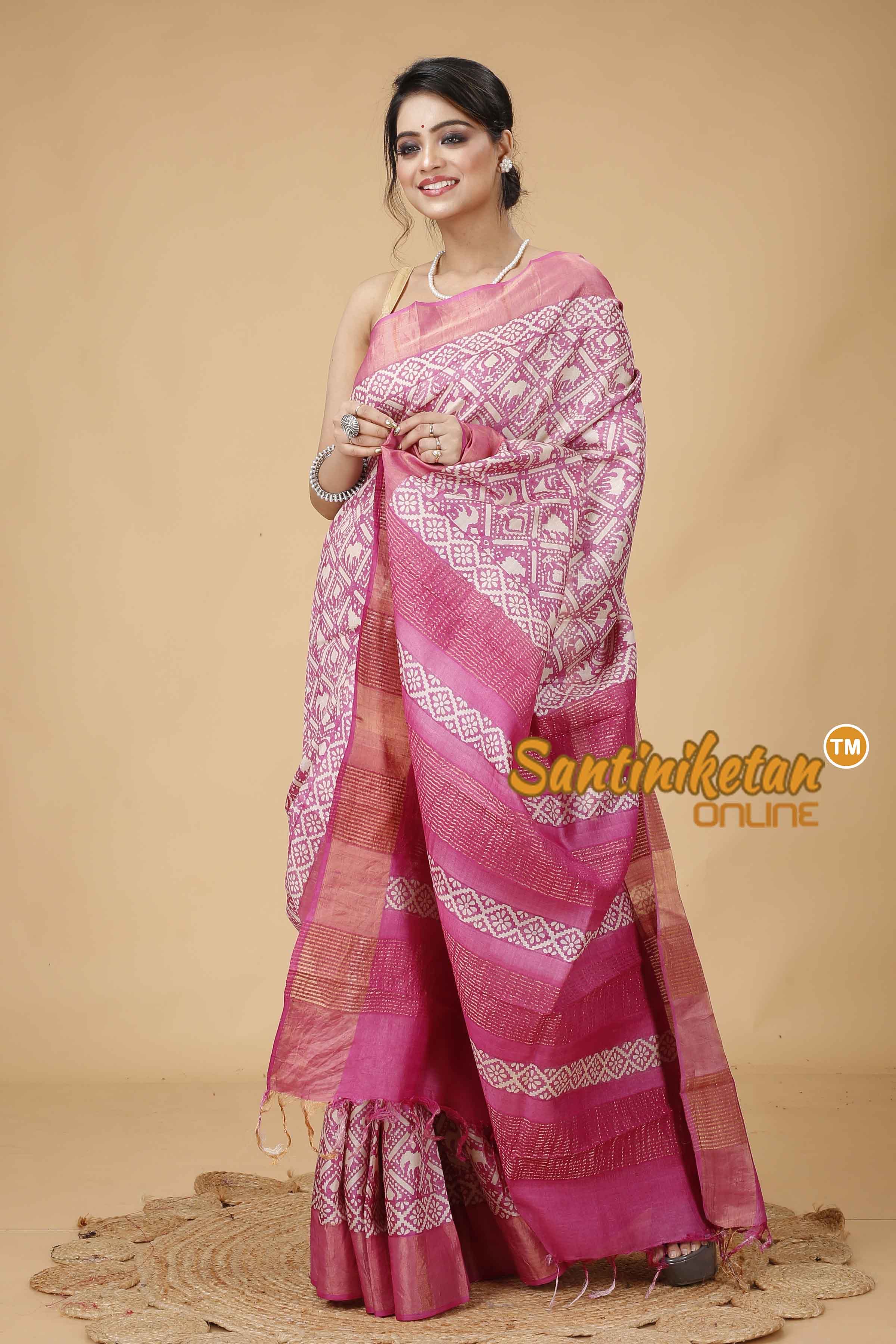 Pure Zari Tussar Hand Block Painted Saree SNN202416108