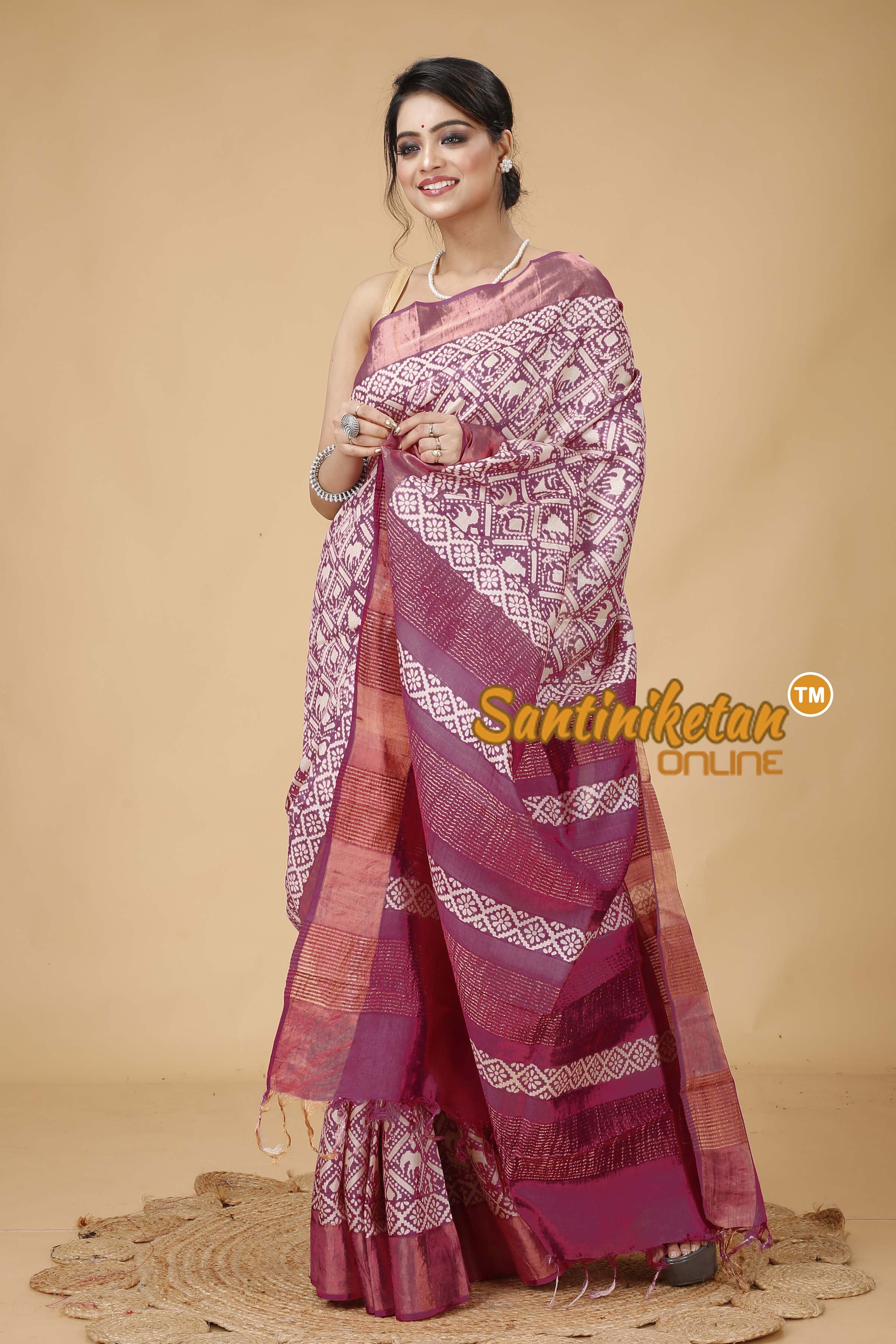 Pure Zari Tussar Hand Block Painted Saree SNN202416108