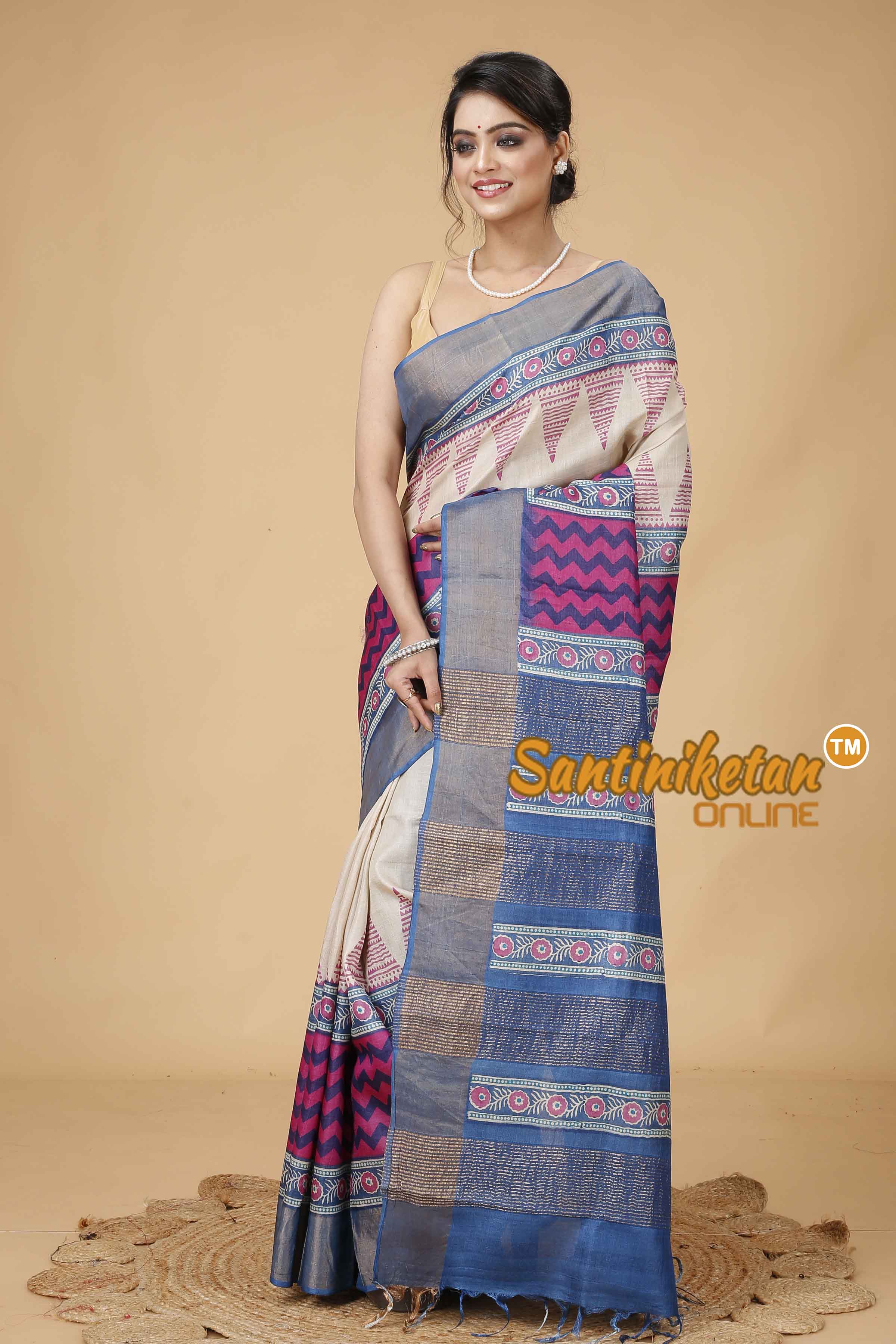 Pure Zari Tussar Hand Block Painted Saree SNN202416113