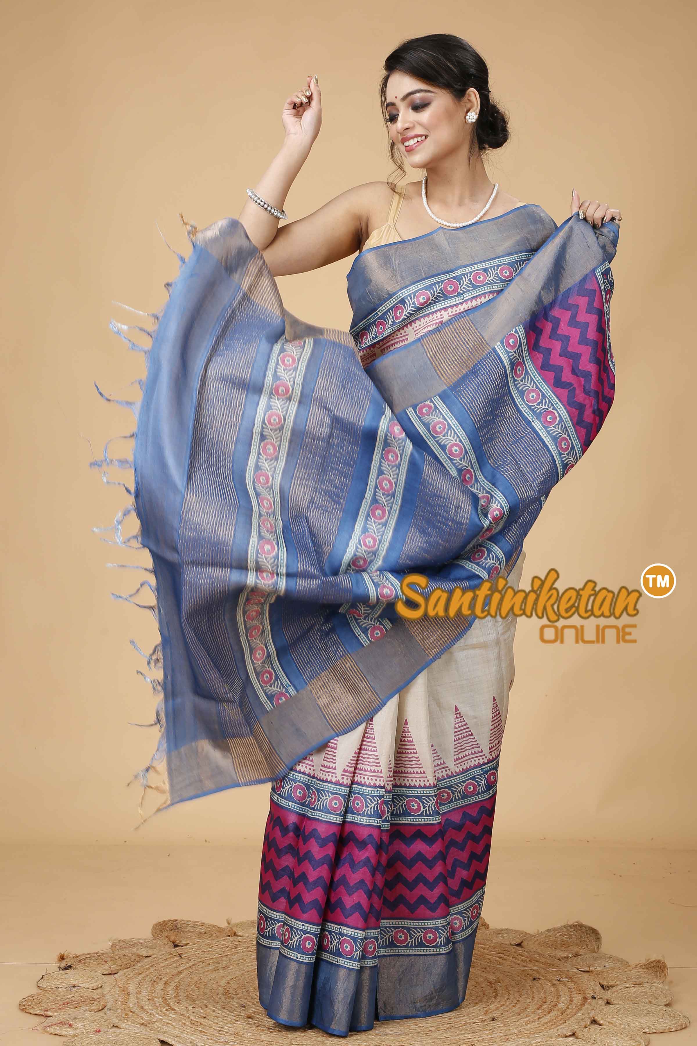 Pure Zari Tussar Hand Block Painted Saree SNN202416113