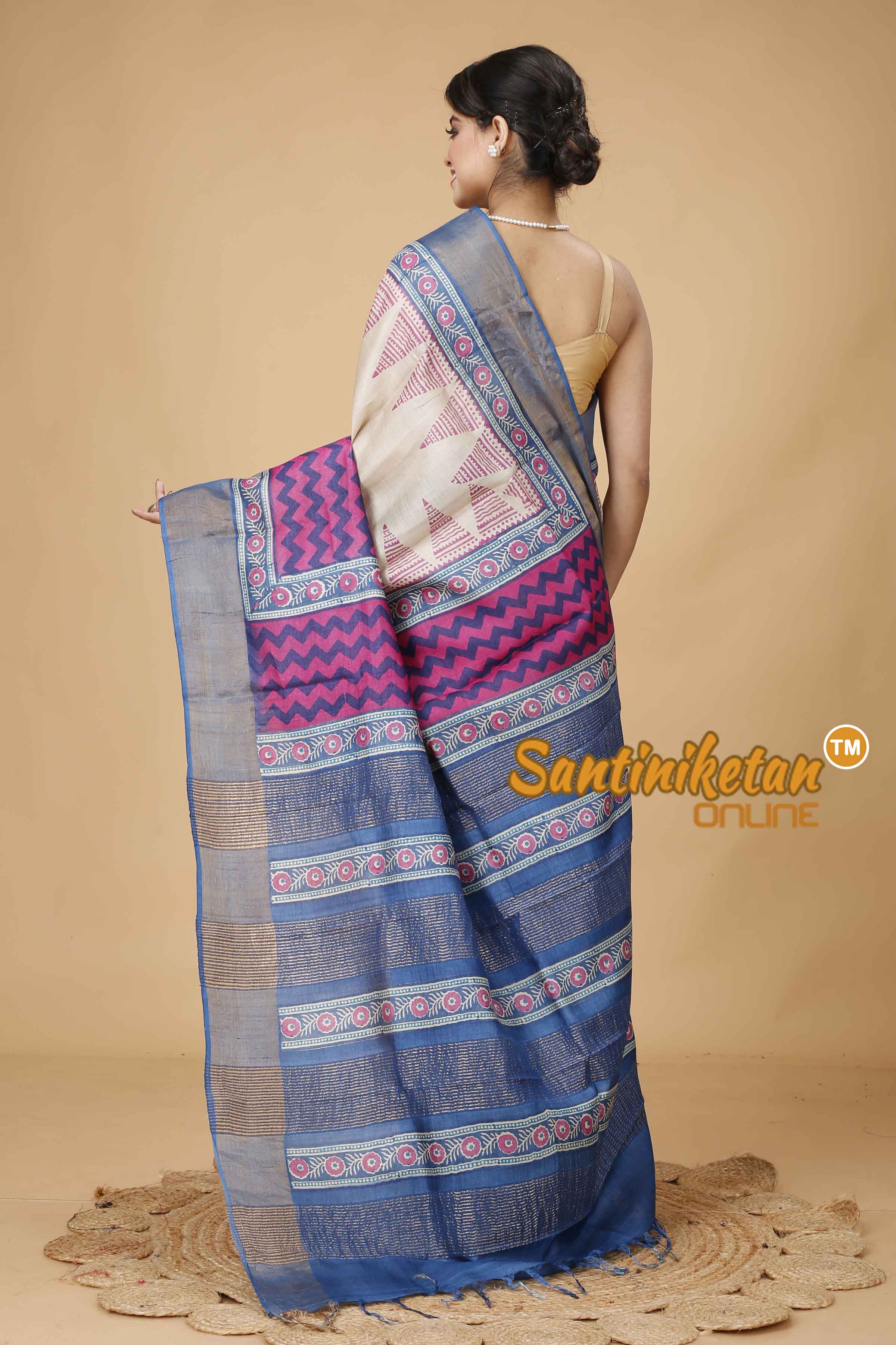 Pure Zari Tussar Hand Block Painted Saree SNN202416113