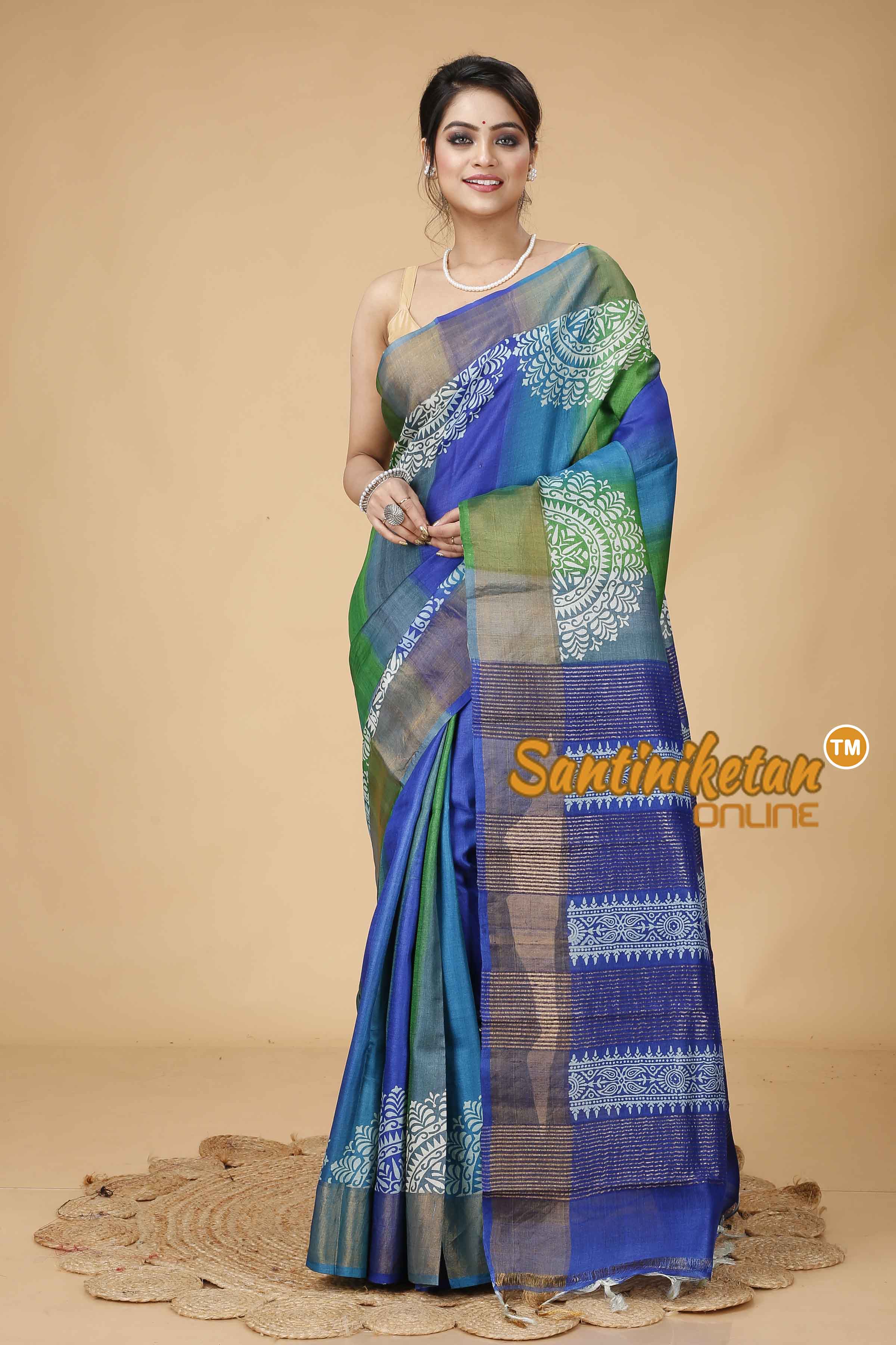Pure Zari Tussar Hand Block Painted Saree SN202416118