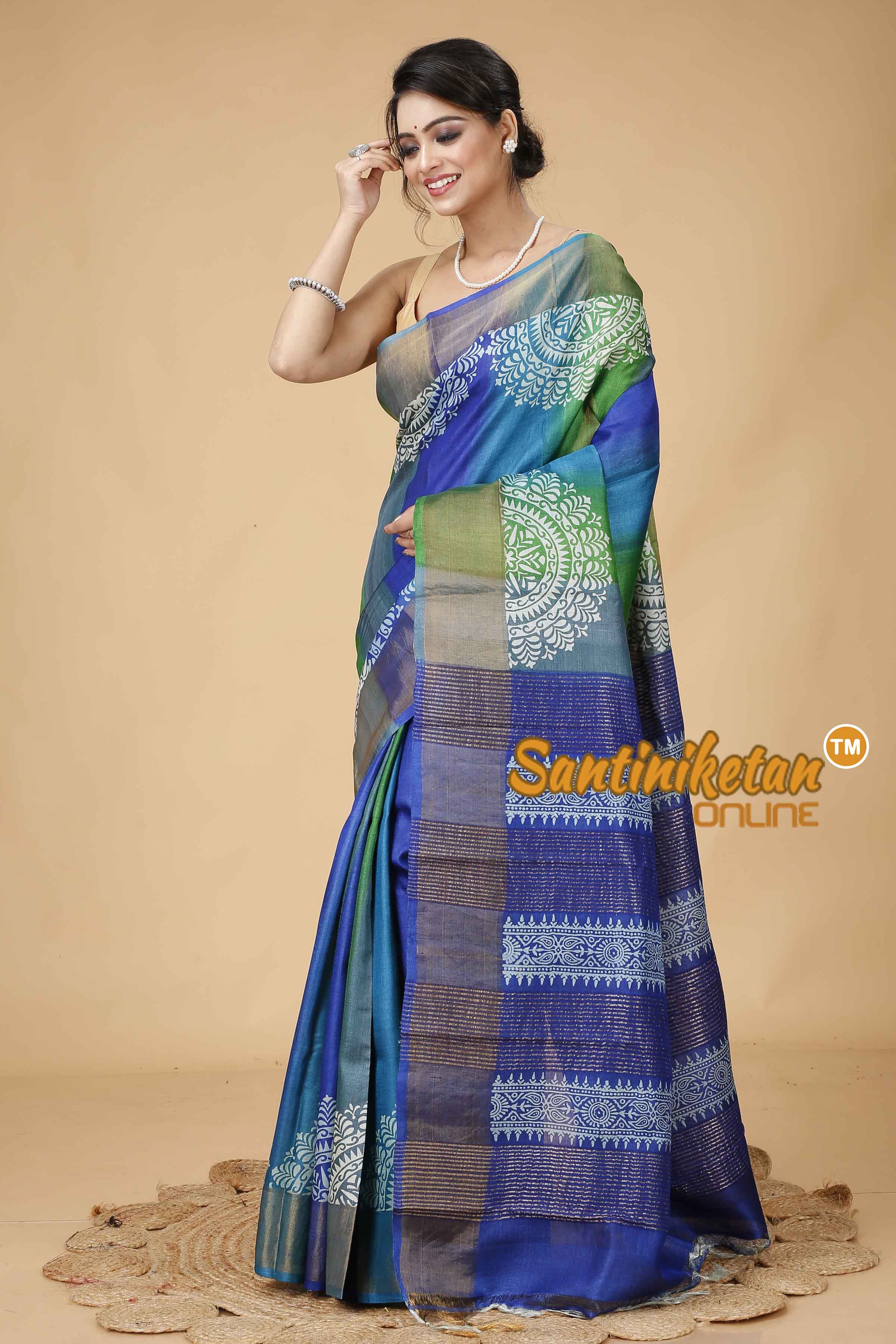 Pure Zari Tussar Hand Block Painted Saree SN202416118