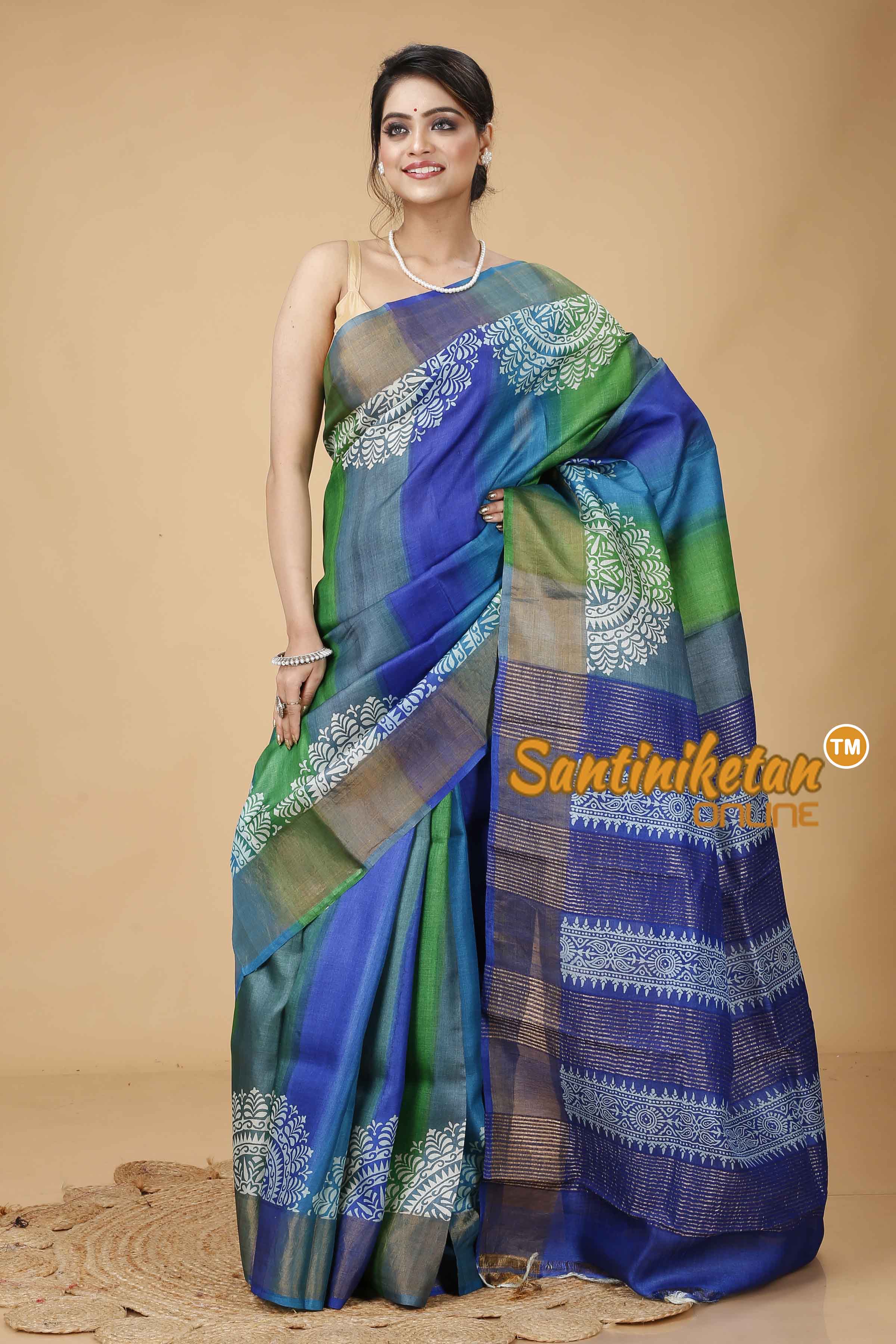 Pure Zari Tussar Hand Block Painted Saree SN202416118