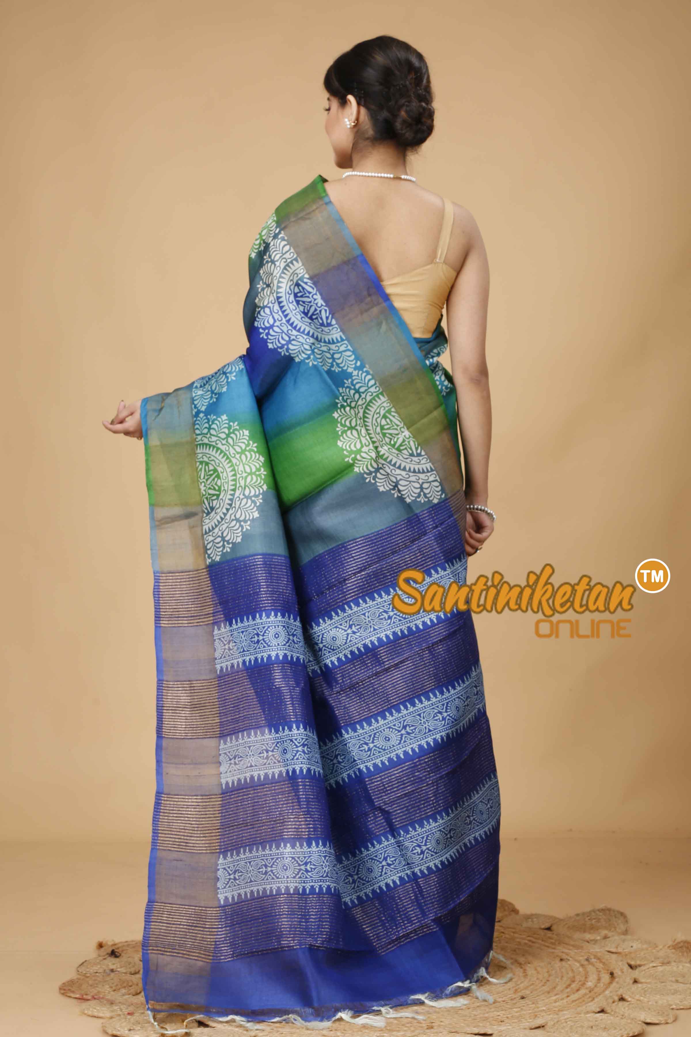 Pure Zari Tussar Hand Block Painted Saree SN202416118