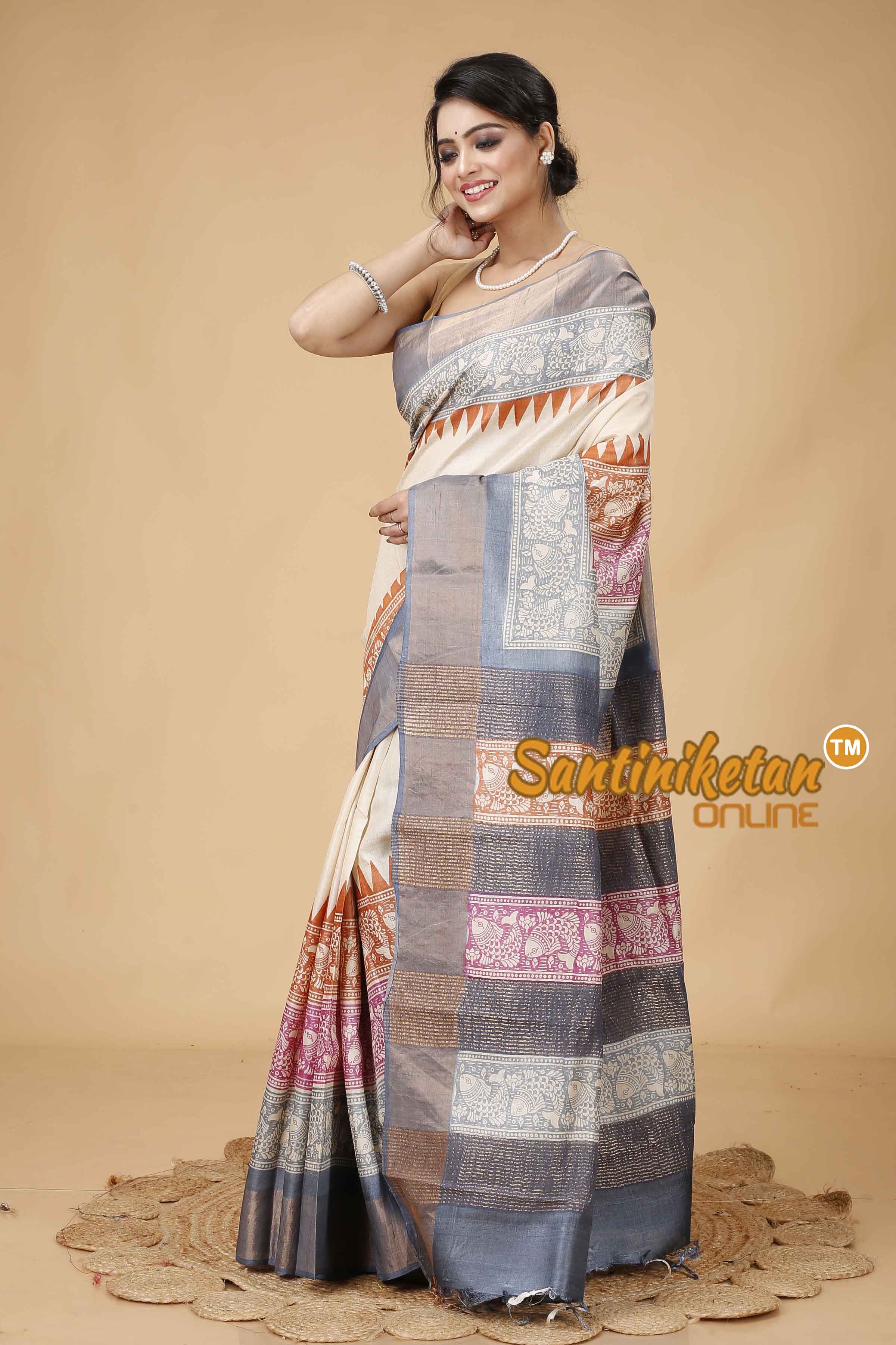 Pure Zari Tussar Hand Block Painted Saree SNN202416128