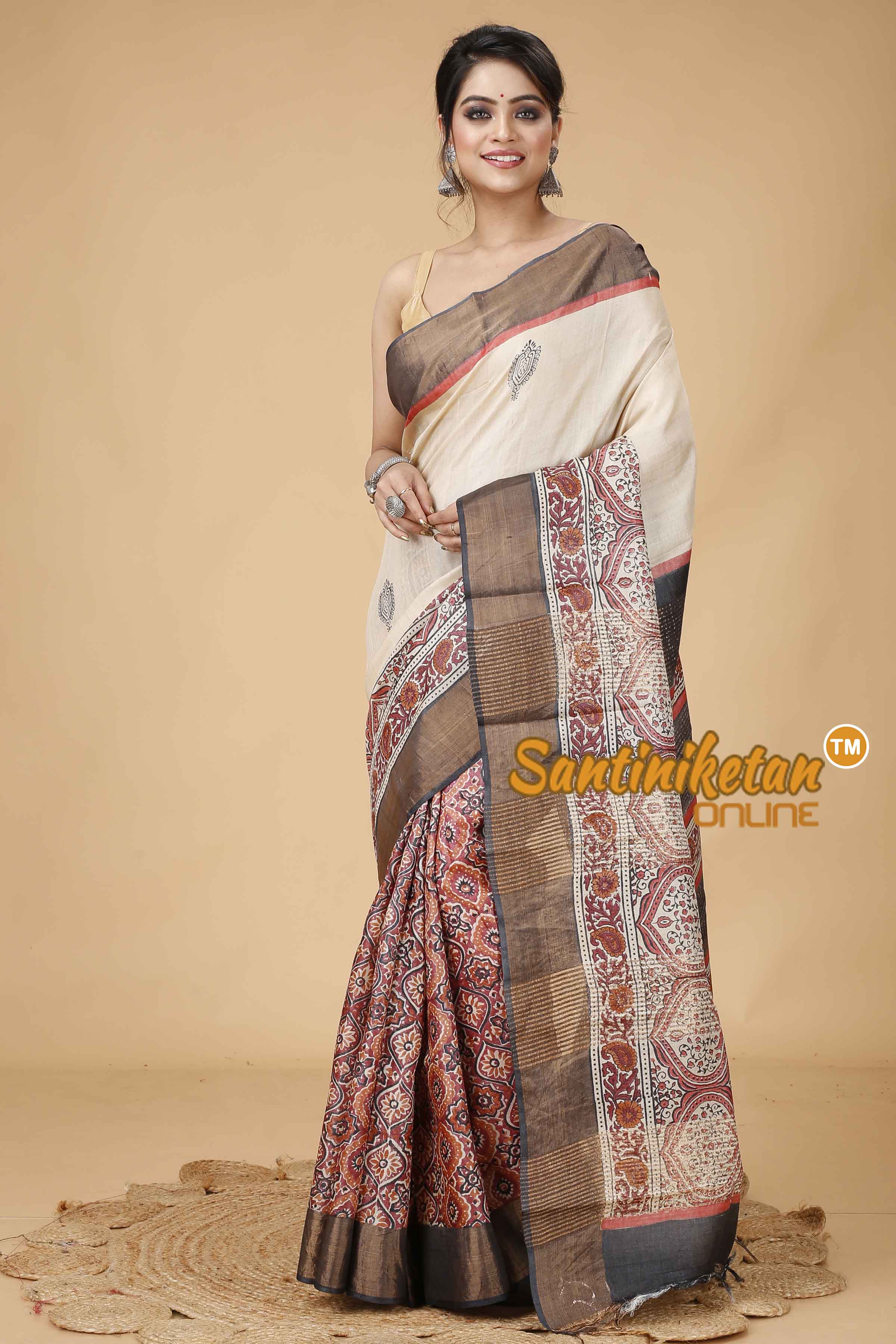 Pure Zari Tussar Hand Block Painted Saree SNN202416138