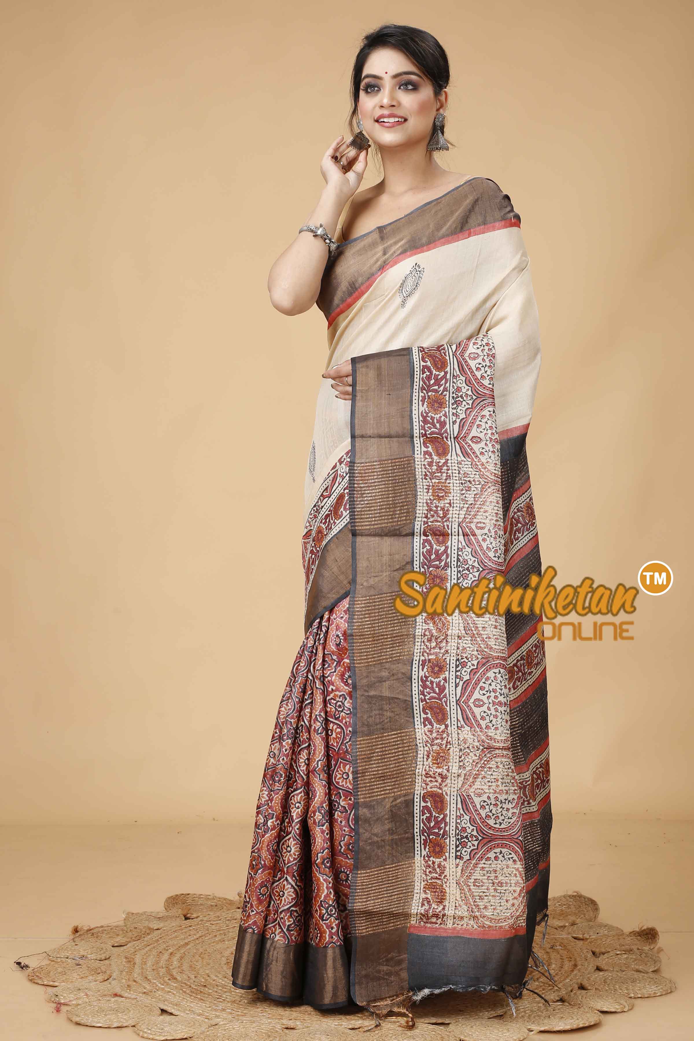 Pure Zari Tussar Hand Block Painted Saree SNN202416138