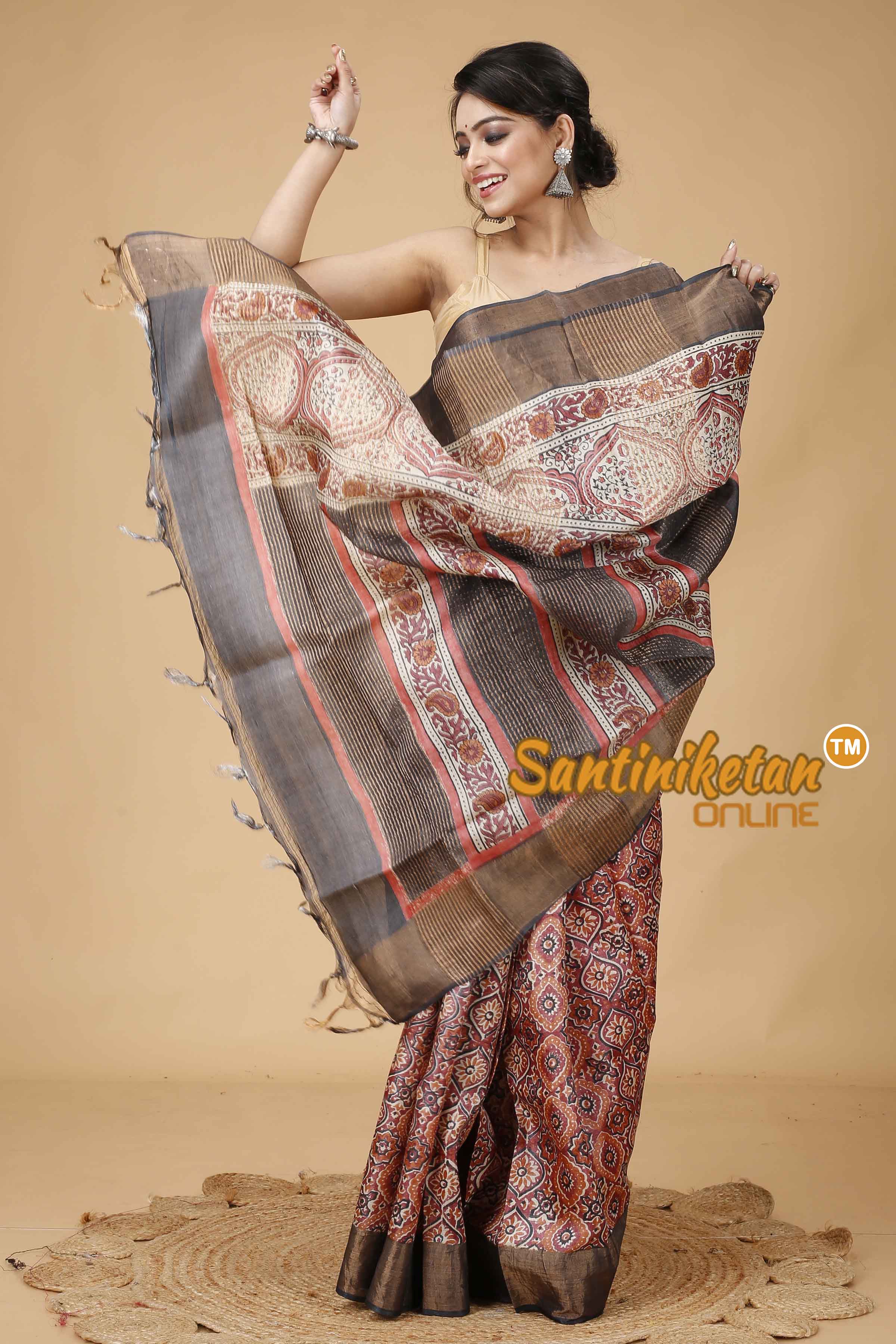 Pure Zari Tussar Hand Block Painted Saree SNN202416138