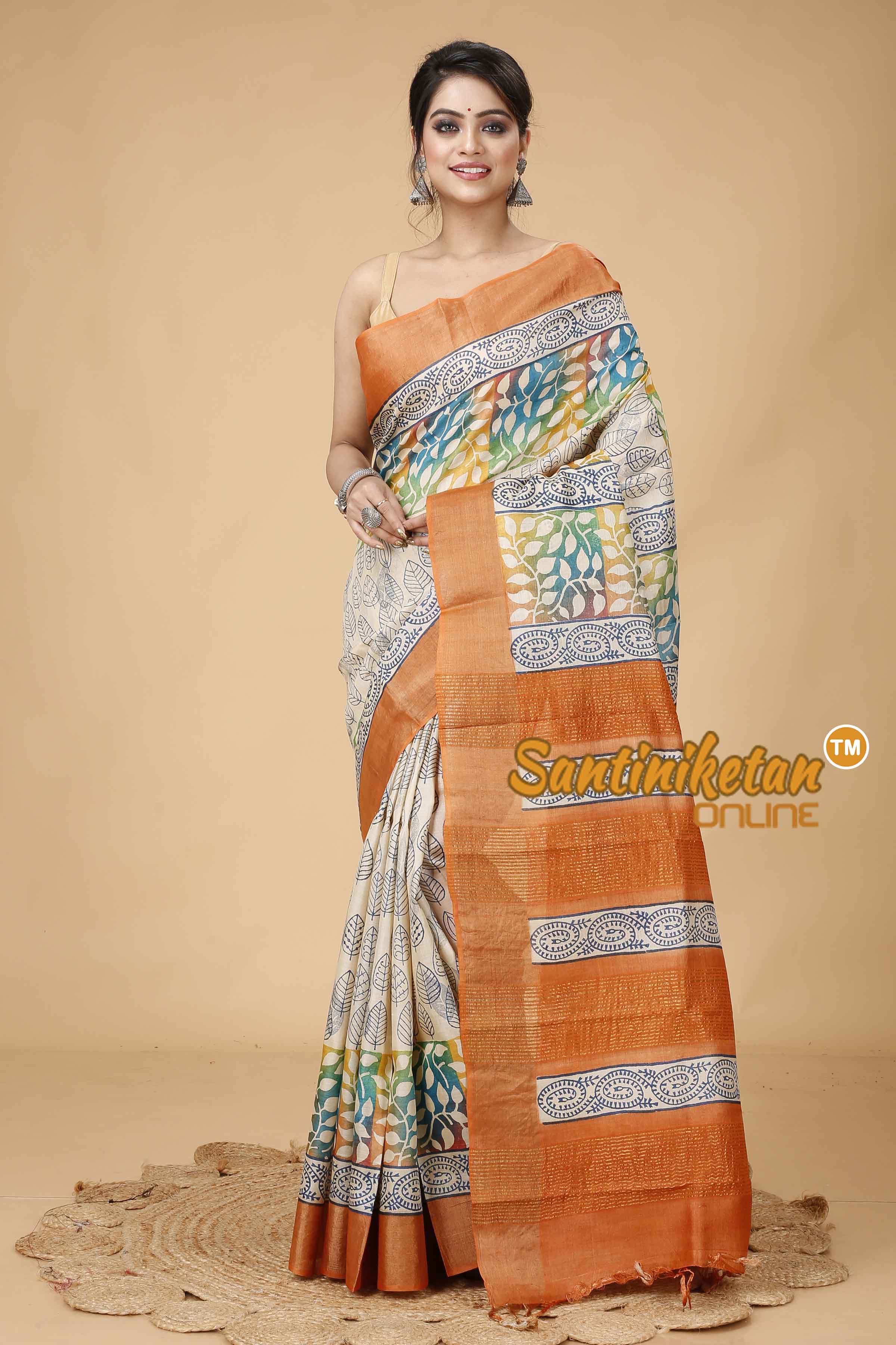 Pure Zari Tussar Hand Block Painted Saree SNN202416143