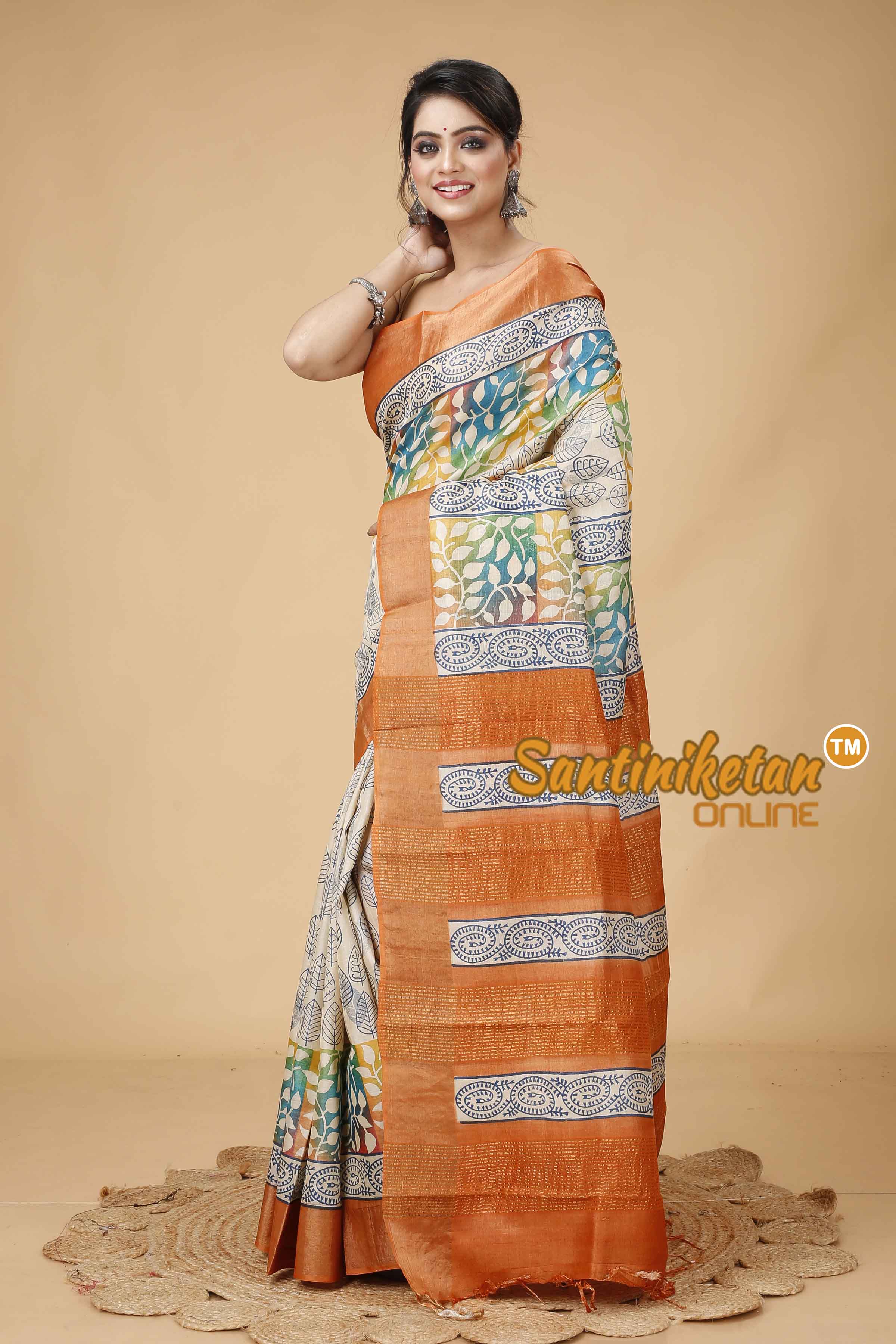 Pure Zari Tussar Hand Block Painted Saree SNN202416143