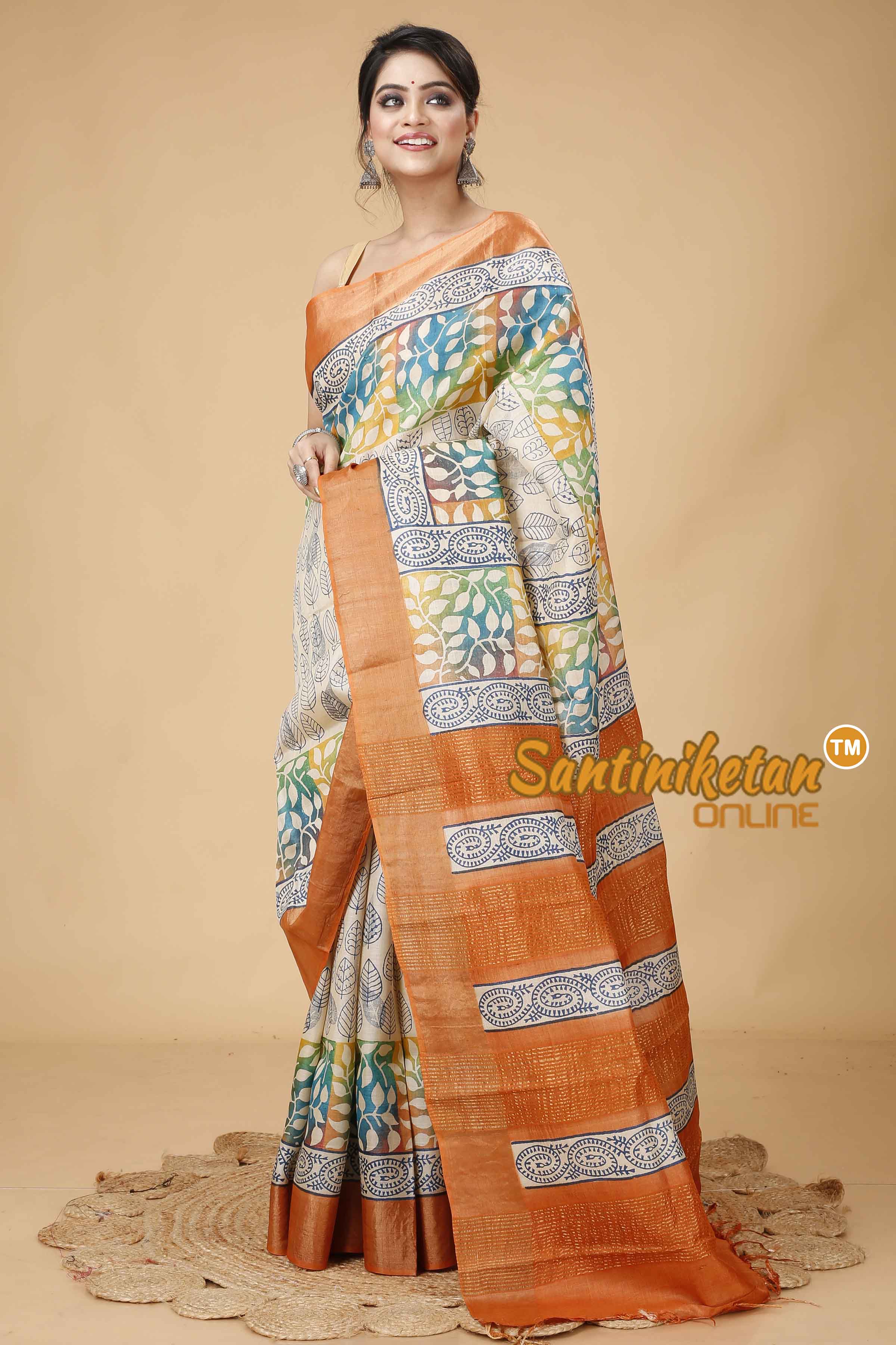 Pure Zari Tussar Hand Block Painted Saree SNN202416143