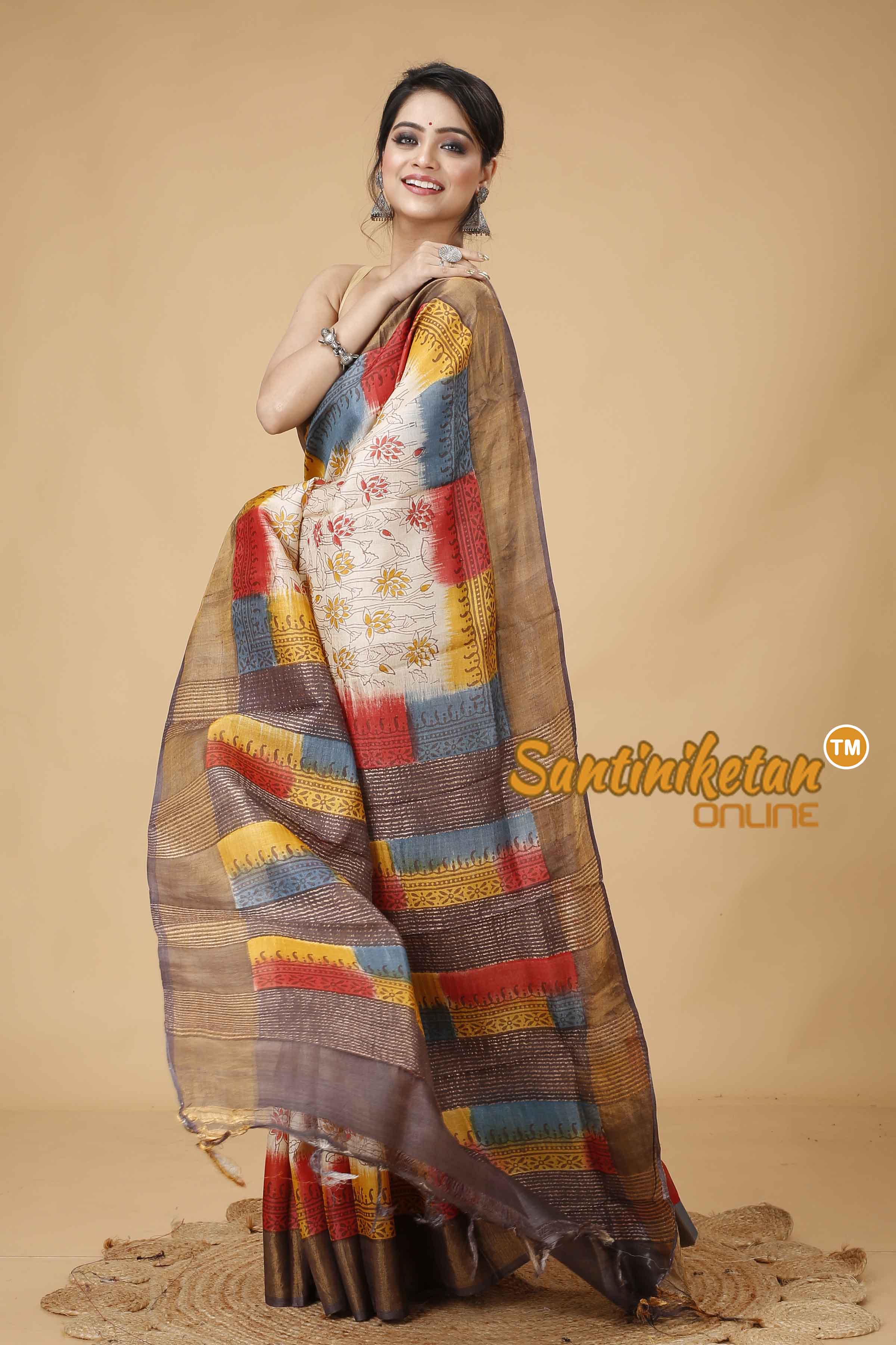 Pure Zari Tussar Hand Block Painted Saree SNN202416153