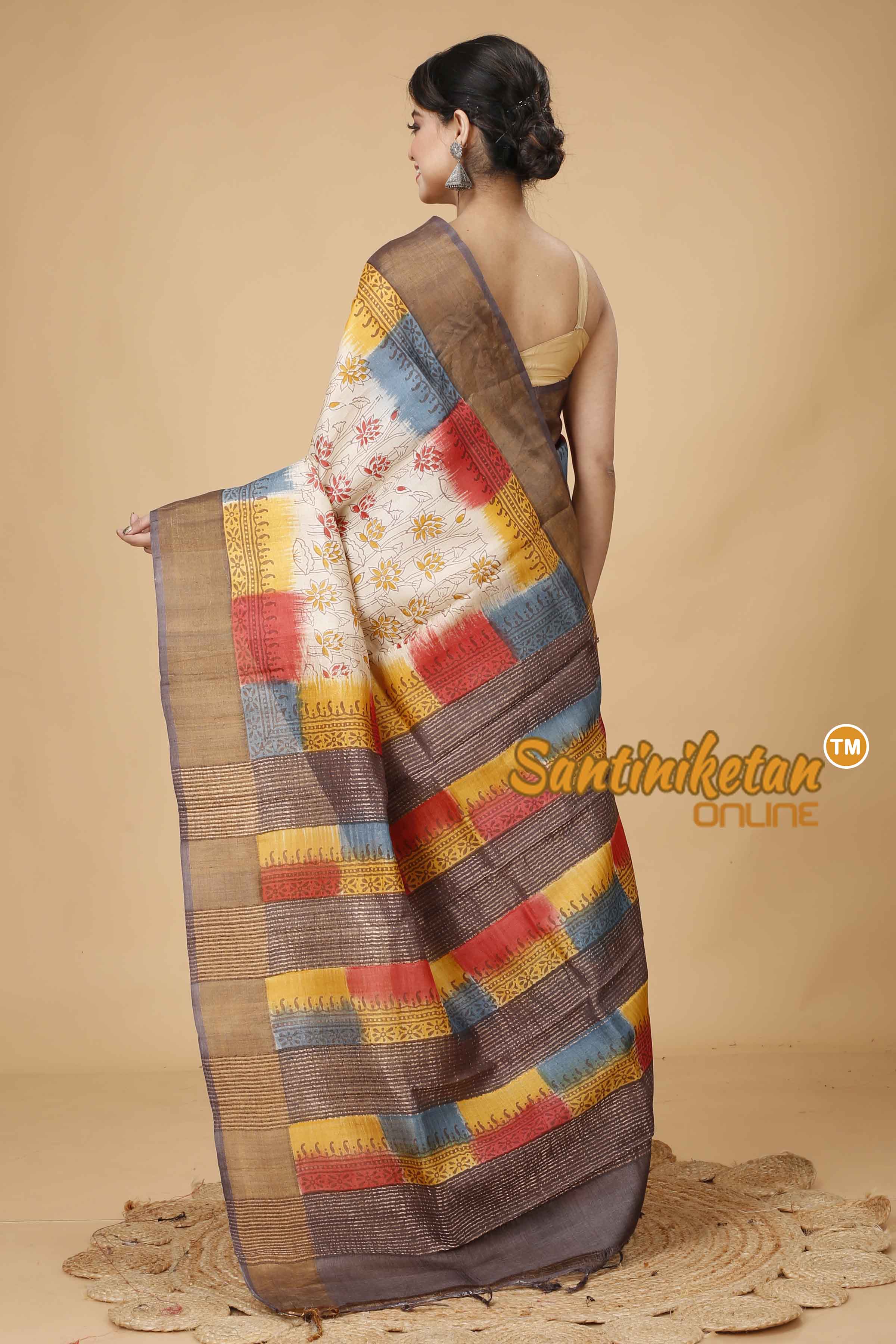 Pure Zari Tussar Hand Block Painted Saree SNN202416153