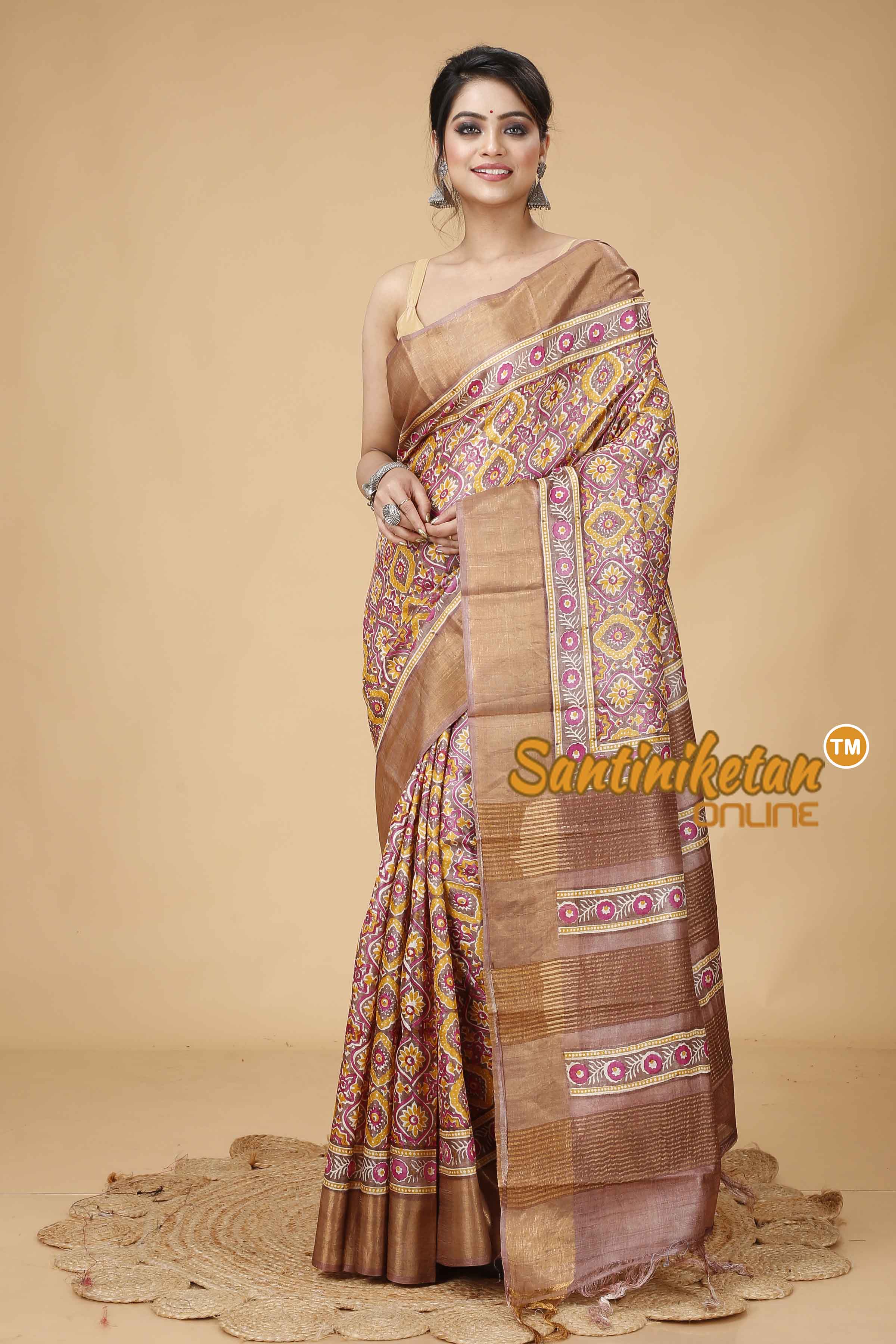 Pure Zari Tussar Hand Block Painted Saree SNN202416163